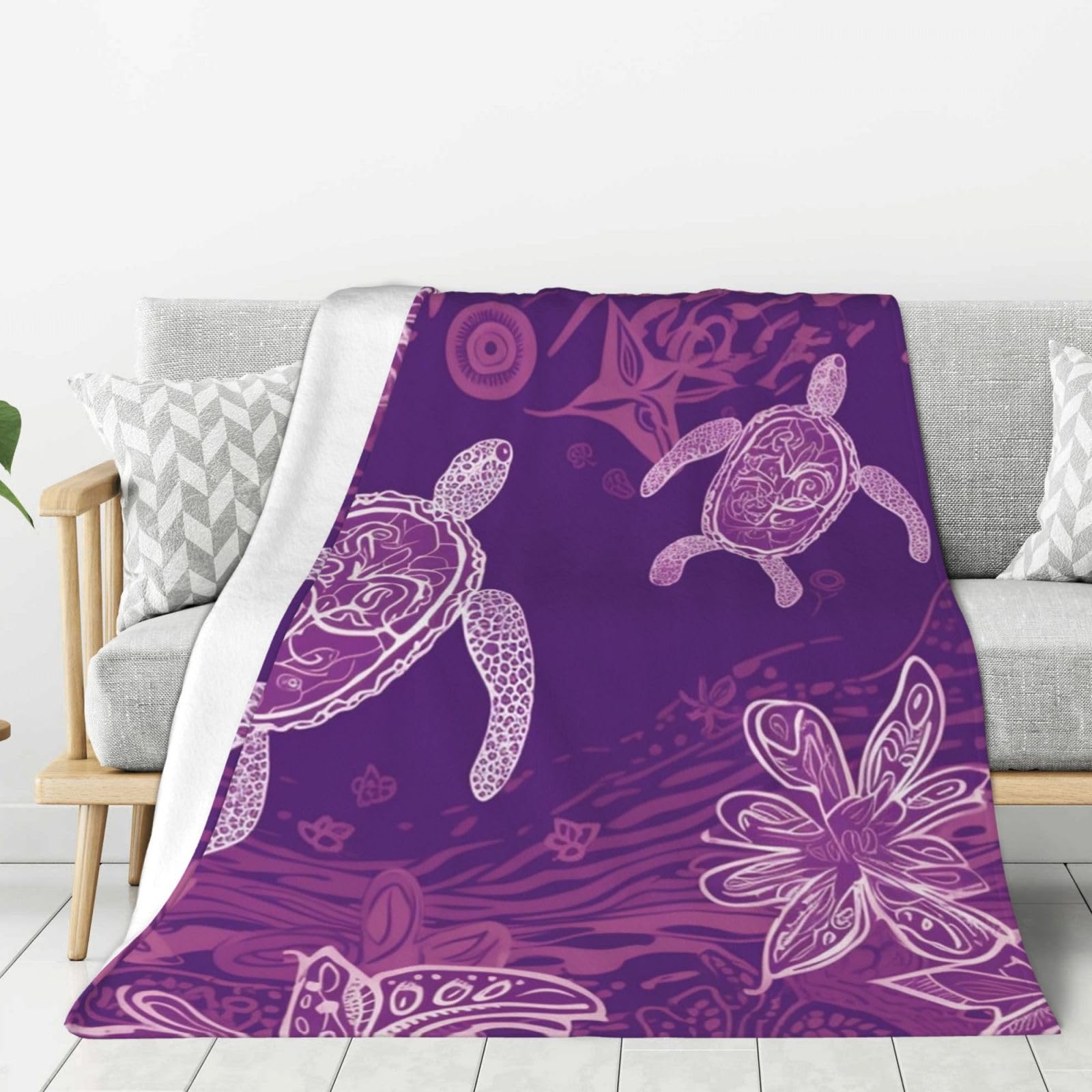 Hawaii with Purple Sea Turtle Throw Blanket Plush Flannel Fleece Blanket, Soft Lightweight Cozy Blankets 50"X40" for Bed Couch Sofa Travel