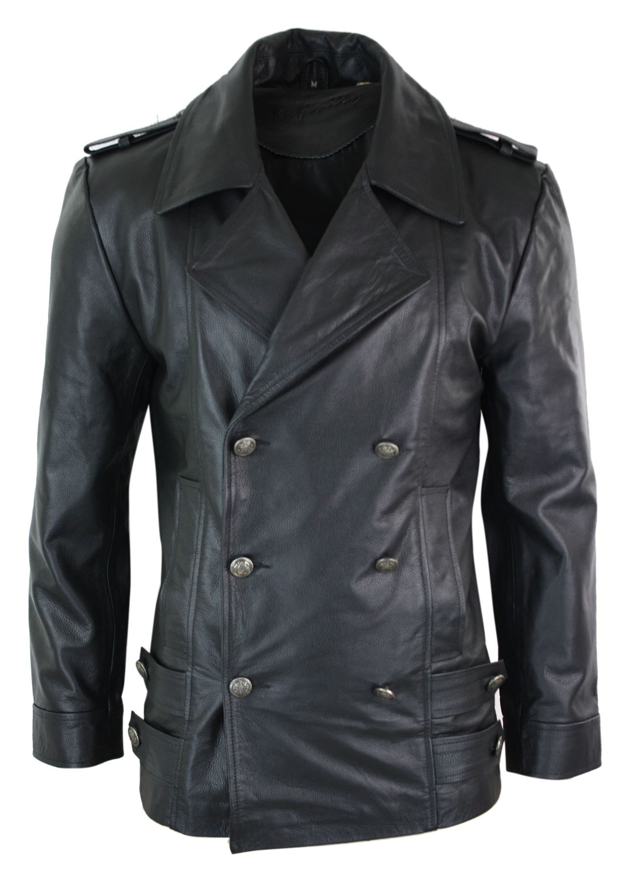 Mens Mid Length German Sailors Marine Goth Punk Double Breasted Real Leather Jacket Black