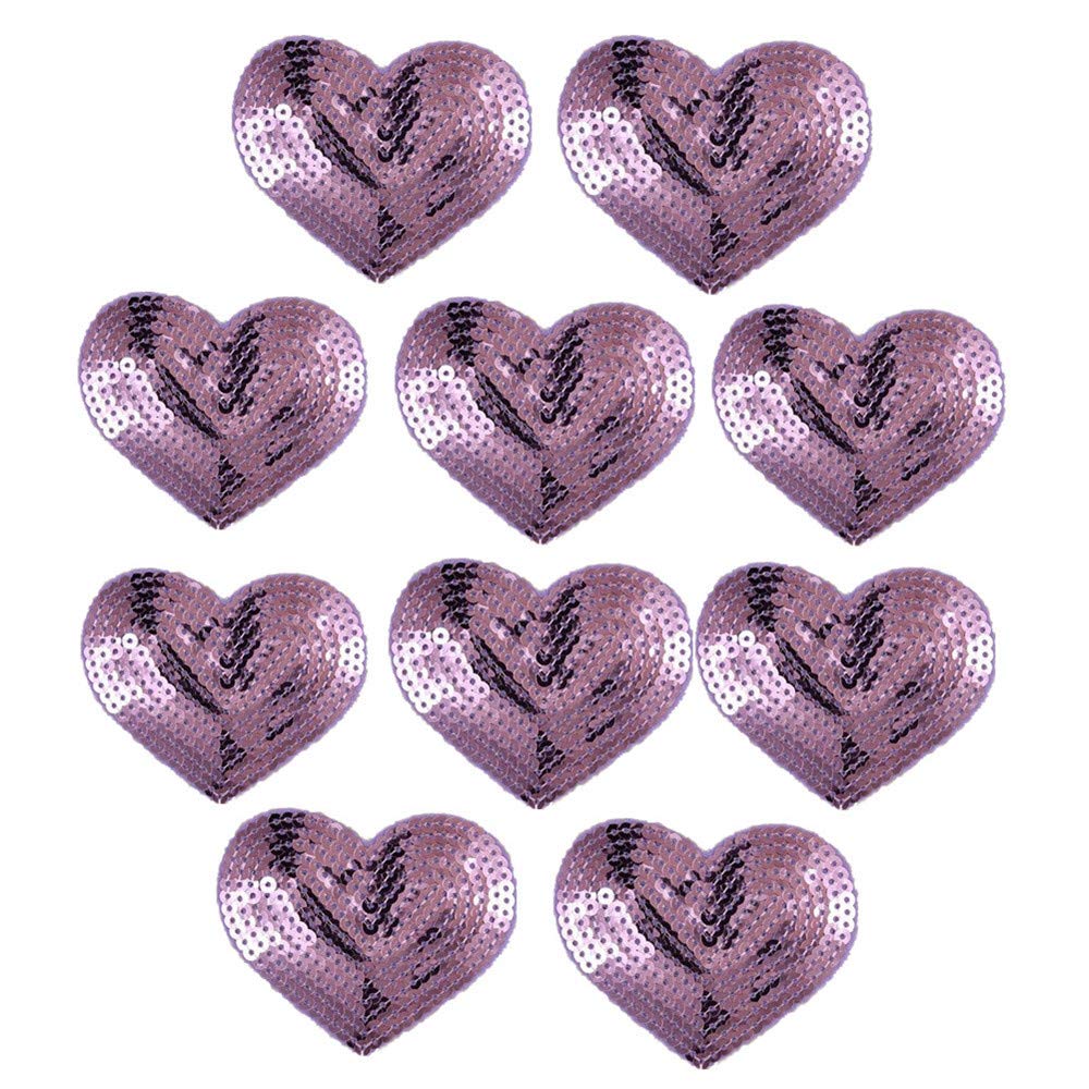 Ximkee Pack of 10 Shiny Heart Sequins Iron on Applique Embroidered Patches-Purple