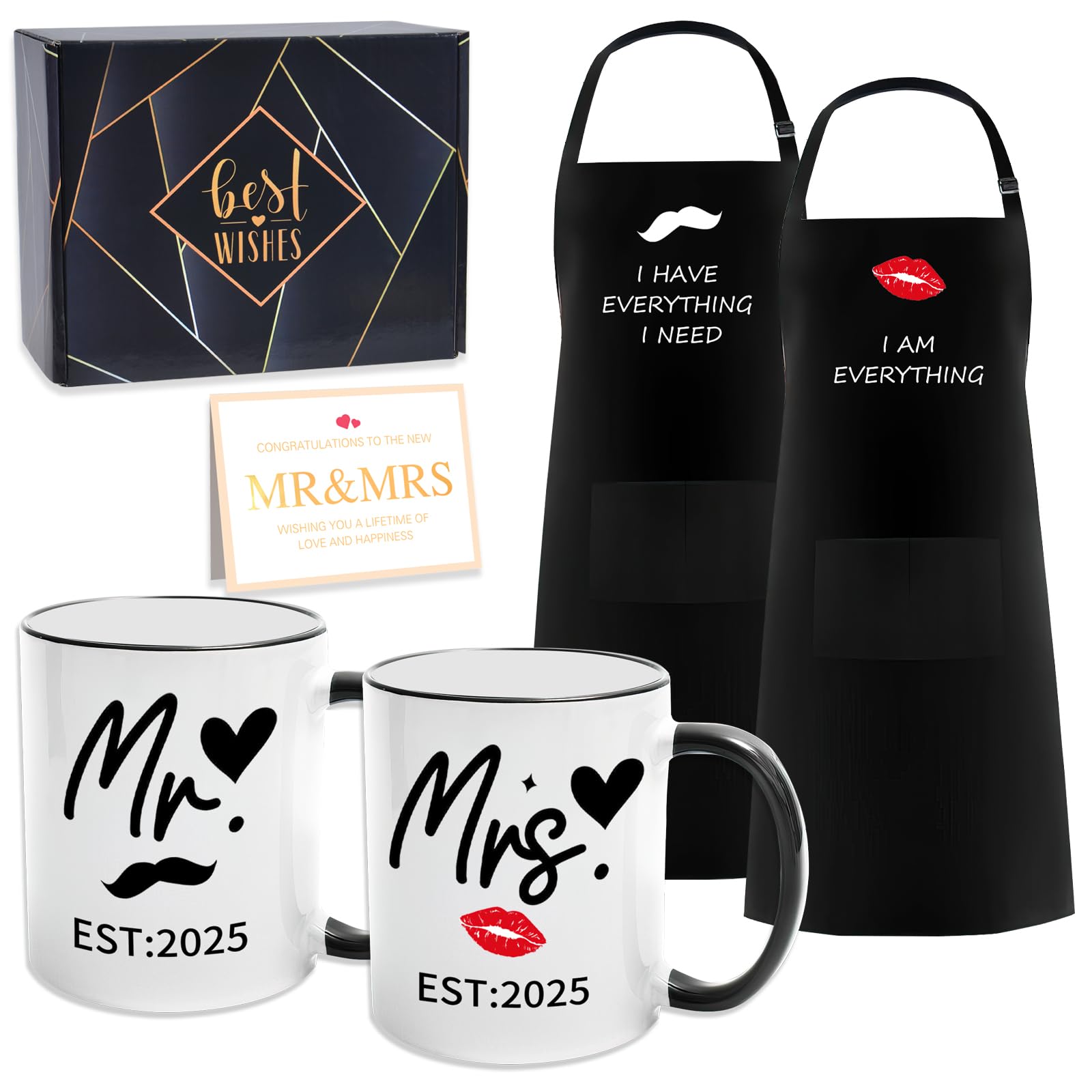 HAOQINA EST 2025 Mr and Mrs Valentine Wedding Gifts for Couples - Ceramic Cups and Aprons - Engagement Party Gift