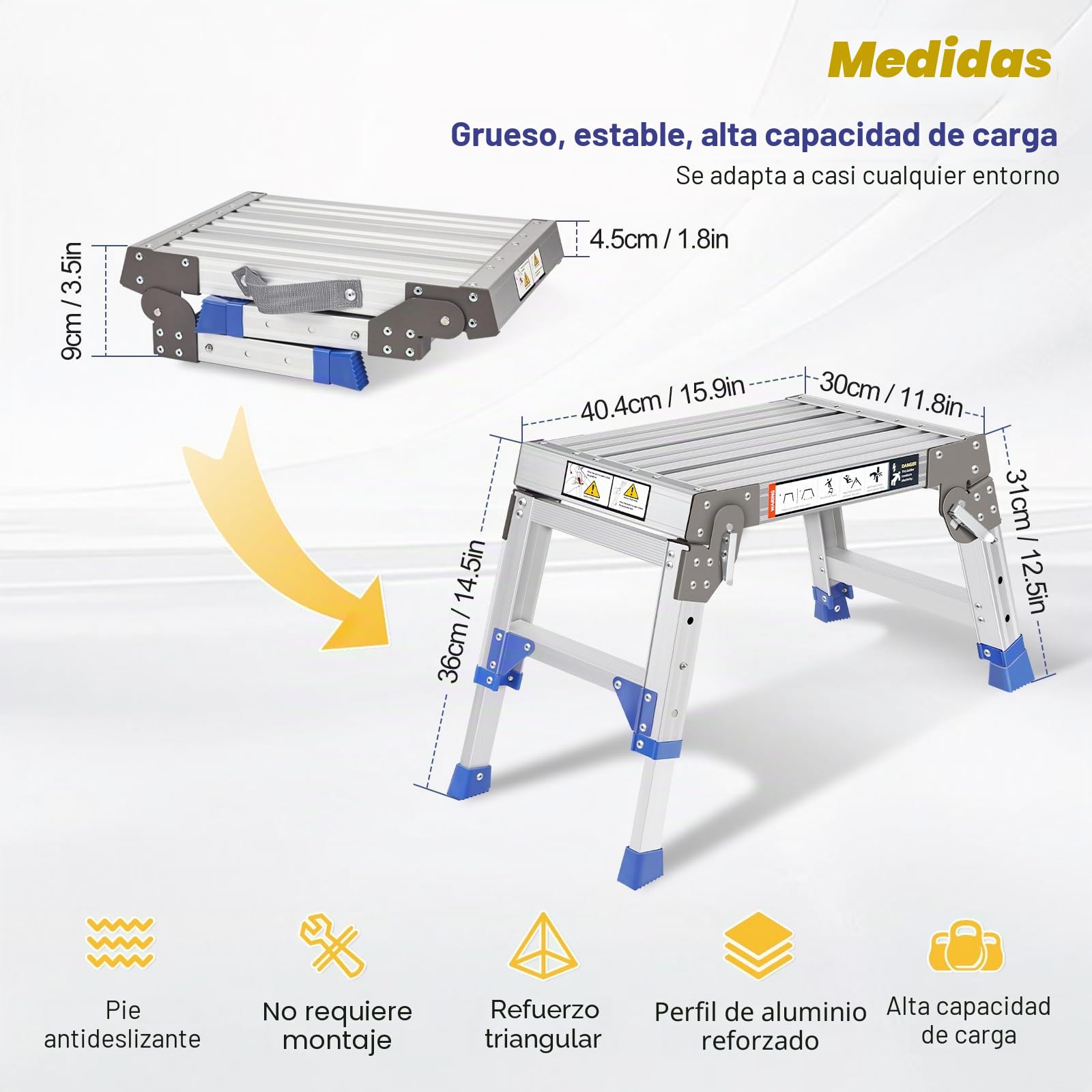 Taburete plegable de aluminio resistente (hasta 362 kg), 3 niveles de altura ajustable (32 – 42 cm), antideslizante, para autocaravanas, garaje y cofre de techo