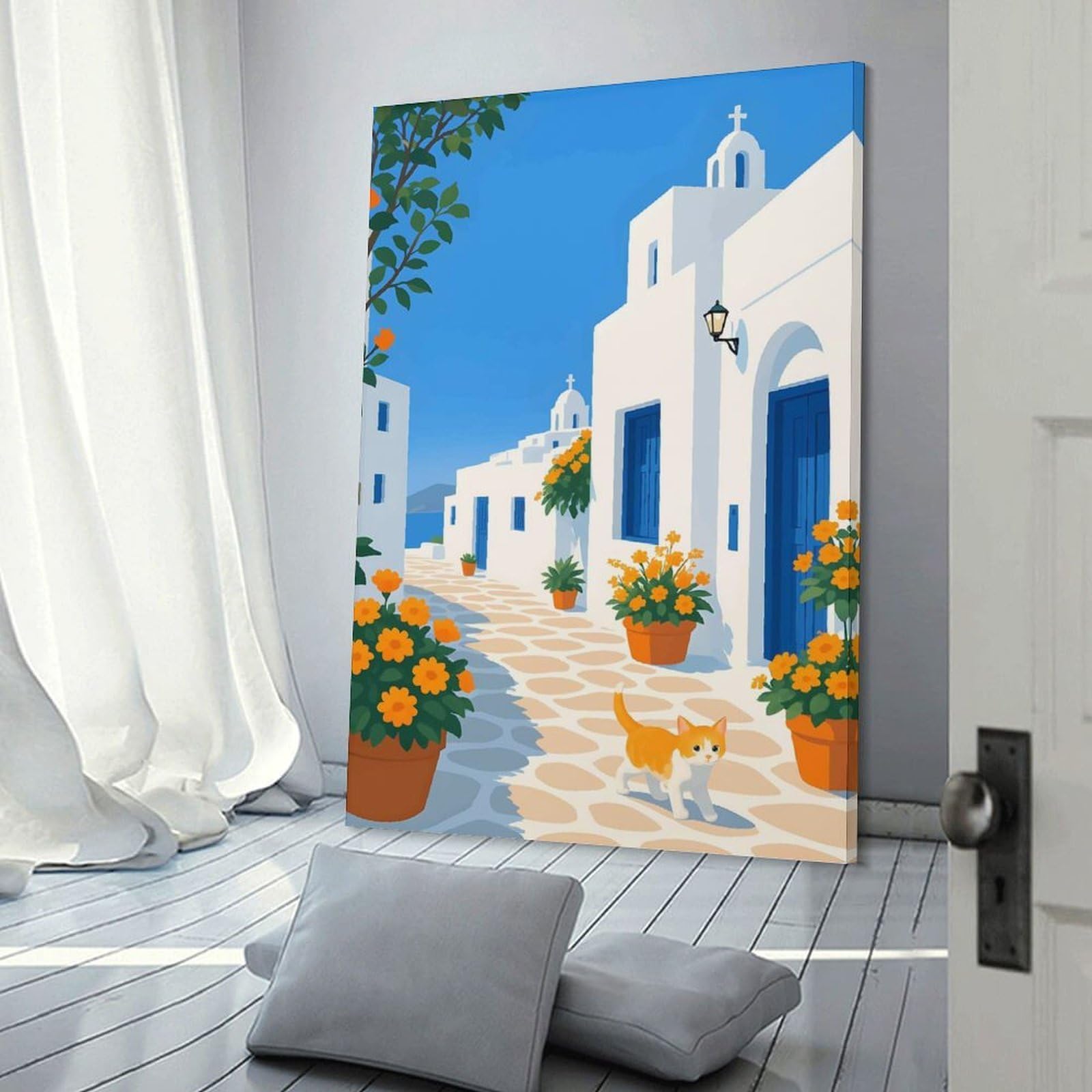 Junmoney Frame-Style-13 Greek Island Street With Cat Canvas Wall Decor, 20X30inch(50X75cm), For Office, Study Or Home Workspace, Wall Art That Adds Style To Work Areas