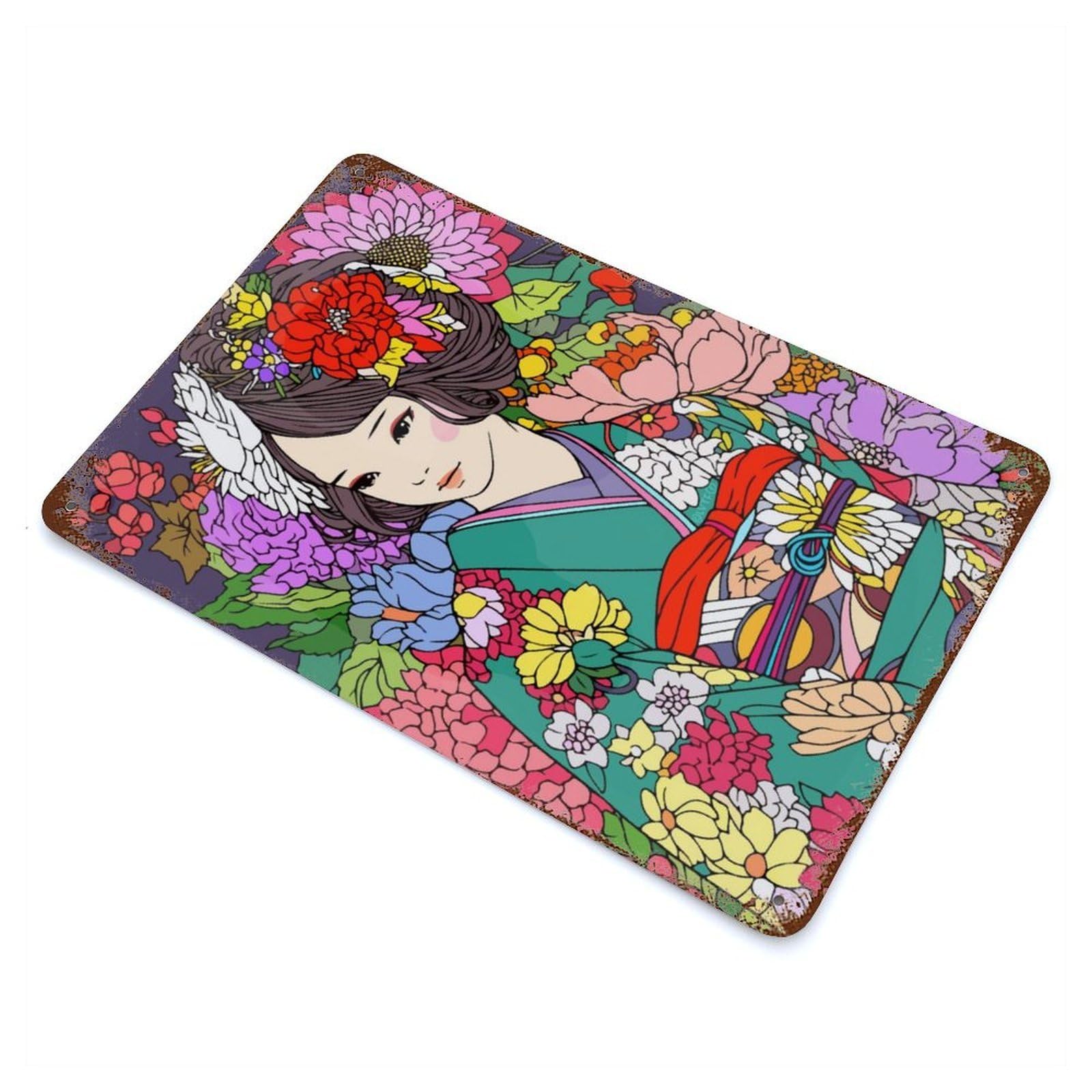 Distressed Metal Wall Sign Japan Flower Girl Kimono 11.8"x7.9", Vintage Wall Decor for Garage, Bar And Workshop Decor