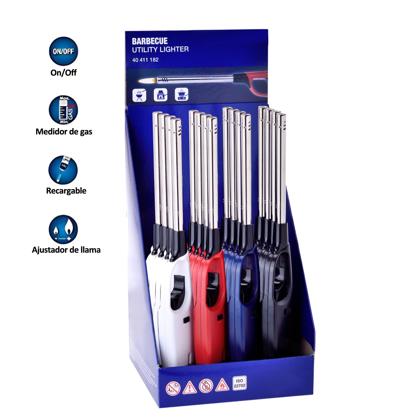 HIBRON Encendedor Cocina 28cm Largo Alcance Pack 4 Unidades Recargable Llama Ajustable Seguro Infantil