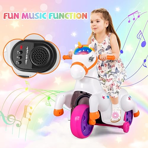 Miniatura 4 de HONEY JOY Juguetes de unicornio de 12 V, 3 ruedas, motorizado, con ruedas de entrenamiento, música, arriba y abajo, auto eléctrico de pony para