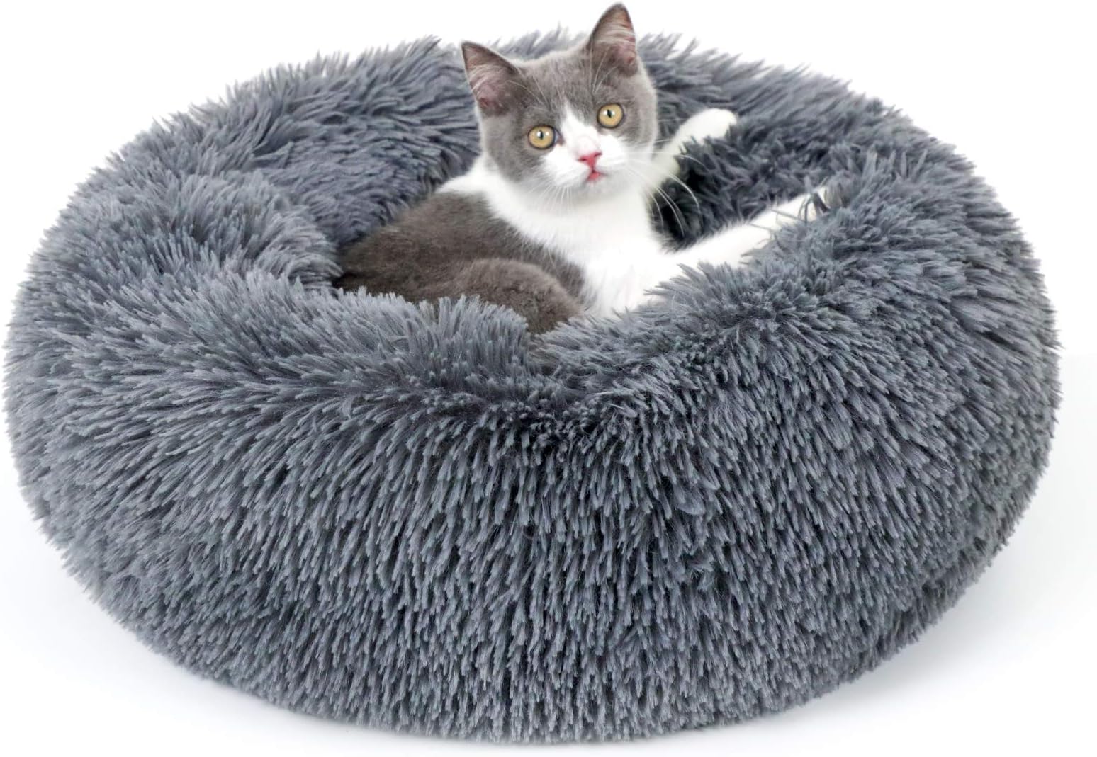 rabbitgoo Cat Bed for Indoor Cats, Soft Plush Donut Bed Cuddler, Round Cushion for Improved Sleep, Pet Nest Bed Self Warming Calming for Small Dogs Kittens, Non-Slip, Machine Washable, Dark Grey