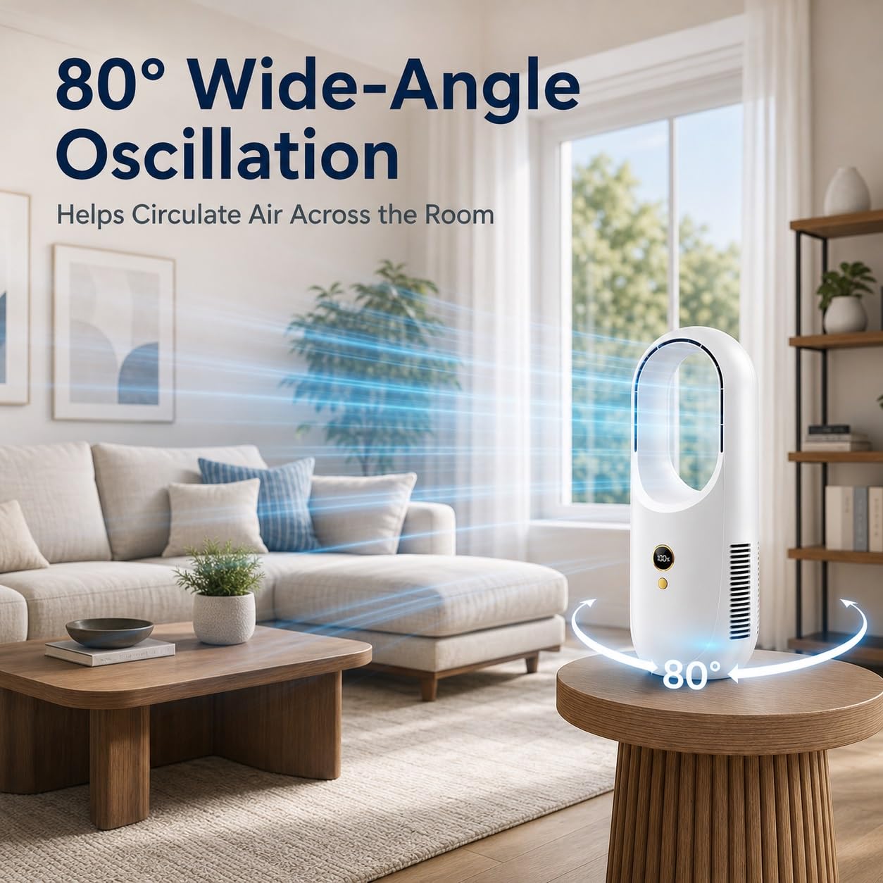 Ventilatore a Torre Senza Lama da 12 Pollici con Oscillazione di 80° | Finitura elettrolitica, uso in camera da letto e scrivania, ricaricabile tramite USB, 6 velocità(White)