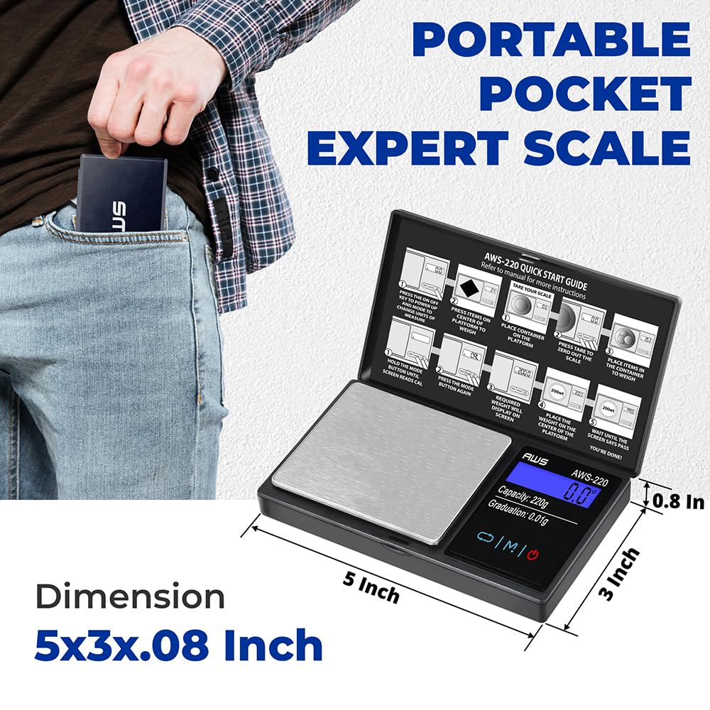 American Weigh Scales AWS-220-BLK - Báscula digital de bolsillo de la serie AWS con pantalla LCD, mide con precisión 220 g x 0,01 g, (negro),