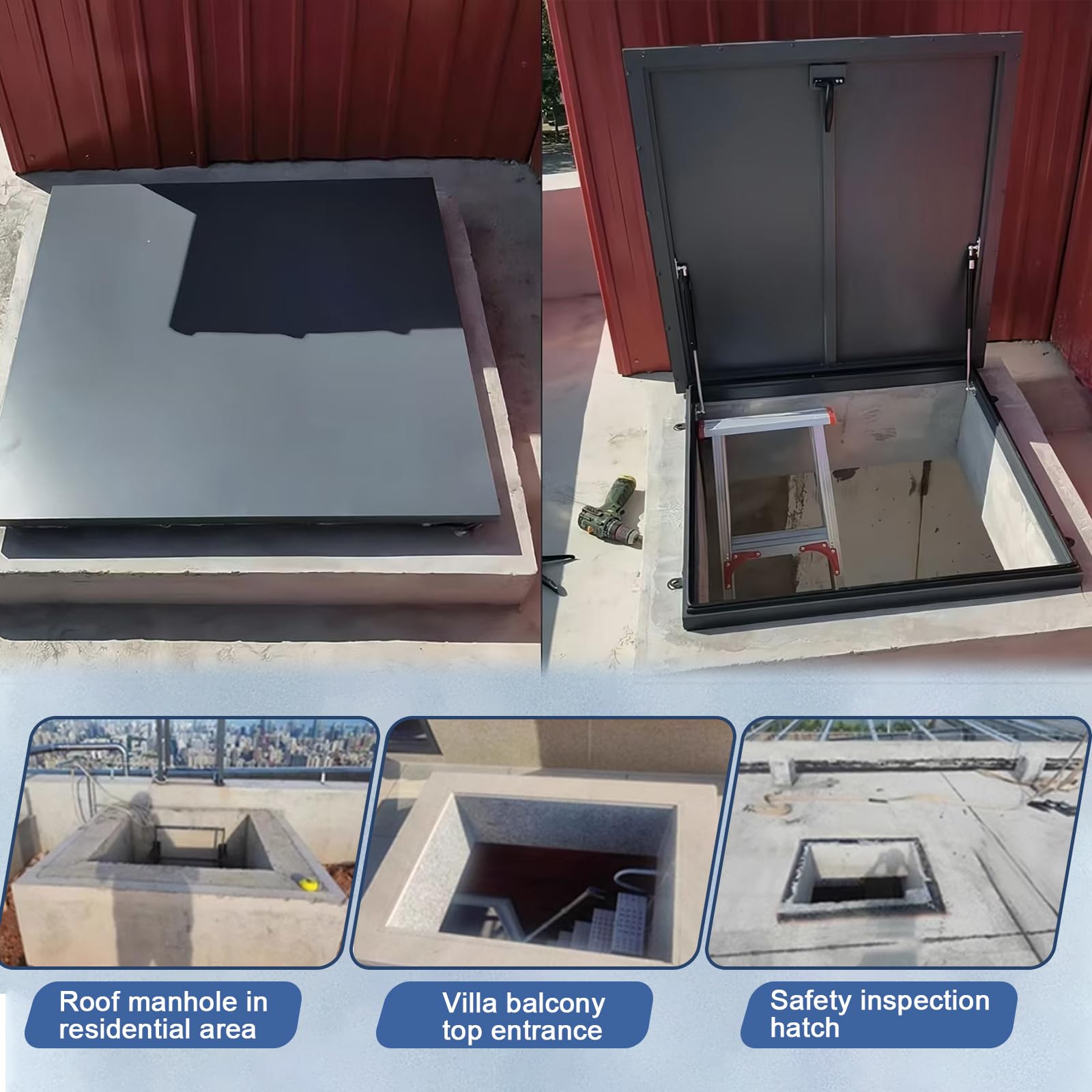 Botola da tetto, piastra di copertura per botola di accesso al tetto commerciale, asta di supporto idraulica, porta di sicurezza per tetto con maniglia a interruttore, adatta per l'industria (80cm)