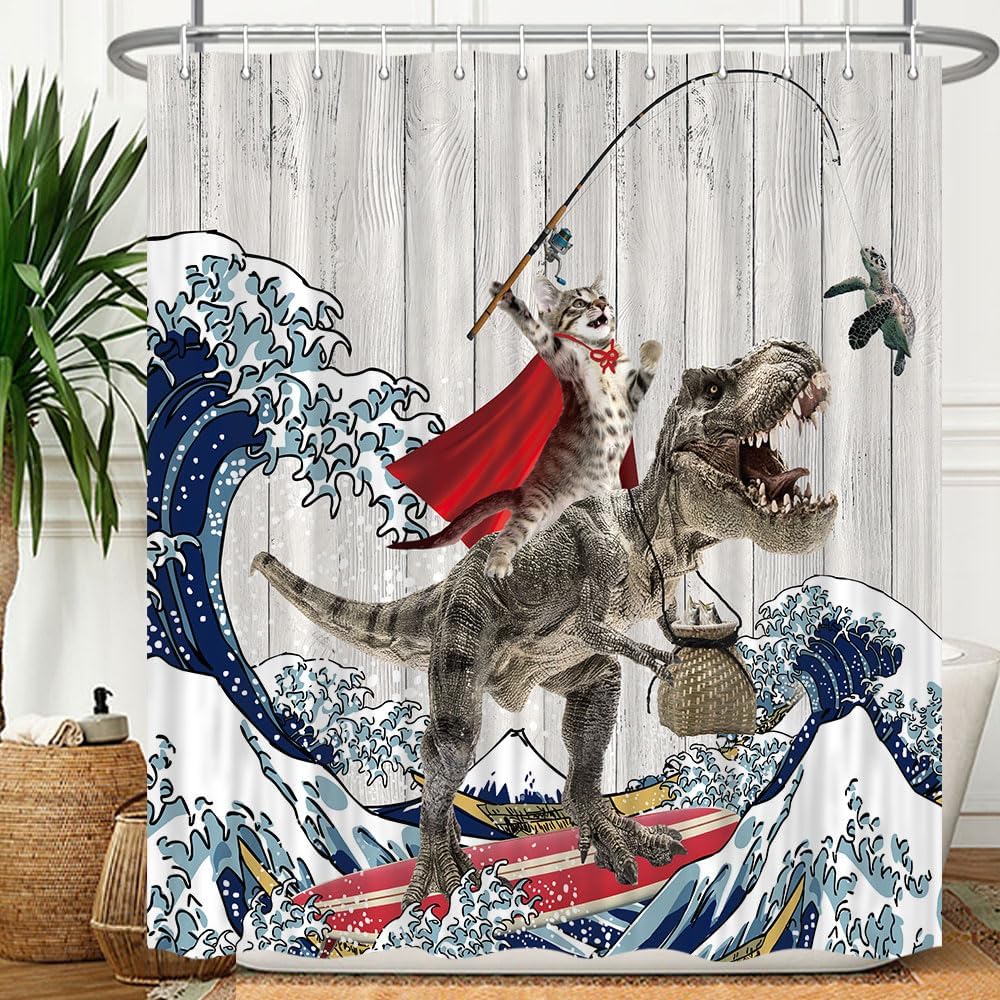 Amazon.com: Viajar Funny Cat Dinosaur Shower Curtain, 72"W x 72"L, Grey, Polyester, Waterproof ...
