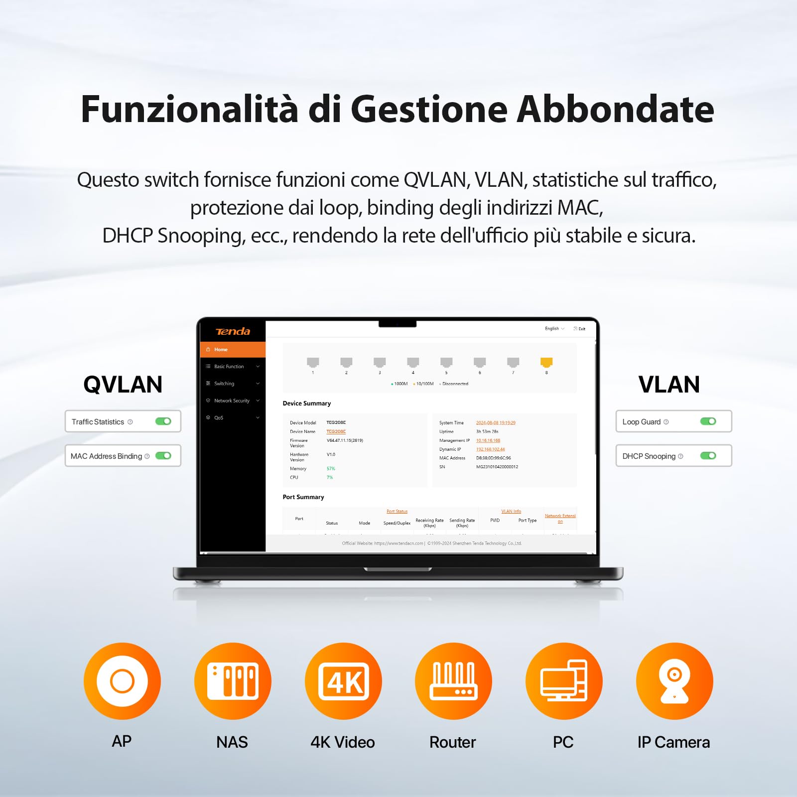 Tenda TEG208E Managed Switch 8 Port Rj45 Gigabit Switch 10/100/1000 Mbps, Smart Switch LAN distributore (IGMP-Snooping, QoS, VLAN, carcassa metallica)
