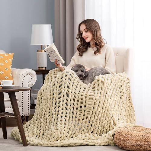 Miniatura 6 de HBlife Manta de punto grueso de 40 x 40pulgadas, súper cálida y suave, de estilo boho y crochet, de felpilla gruesa y de punto trenzado para sofá,