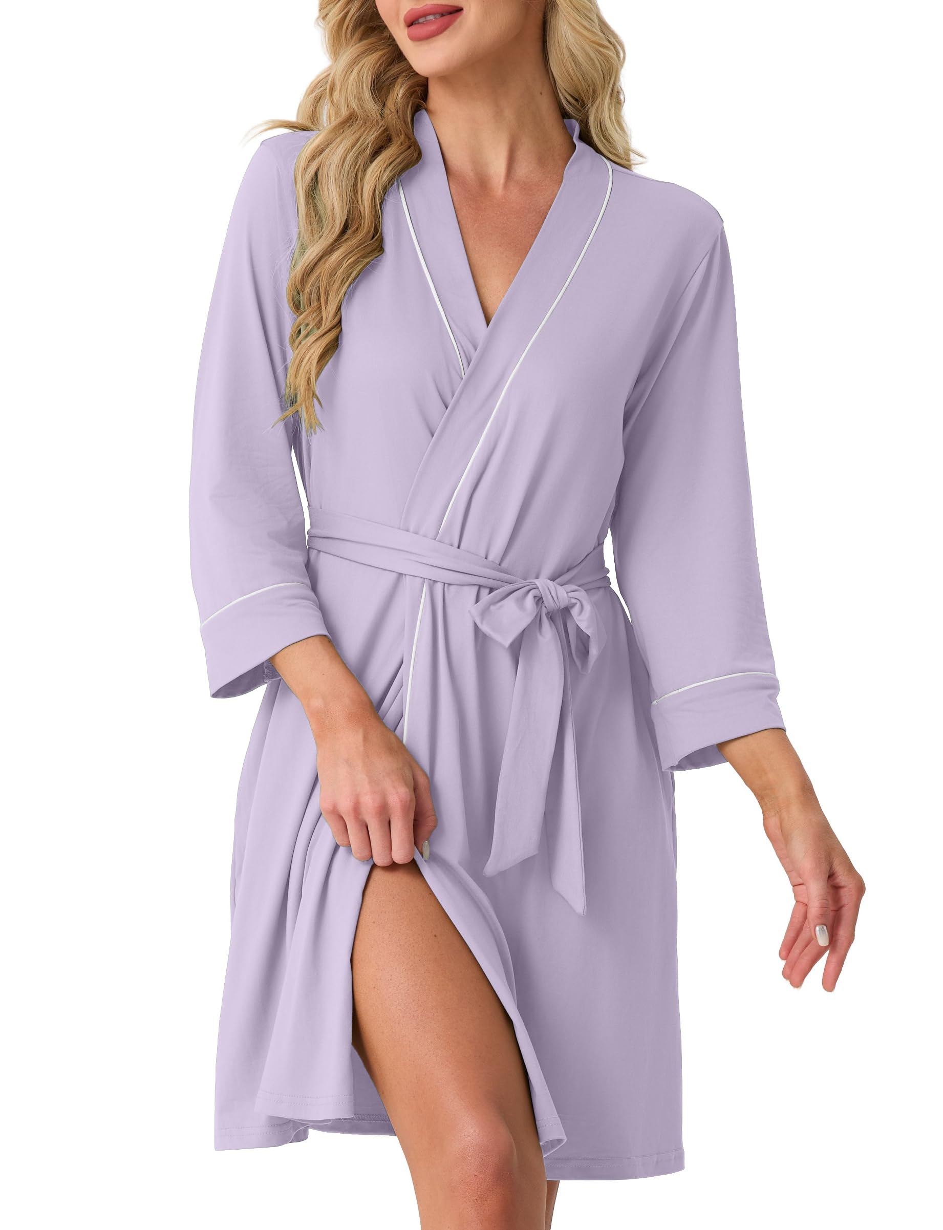 PrinStory Womens Robe Knee Length Soft Knit Bathrobe S-2XL