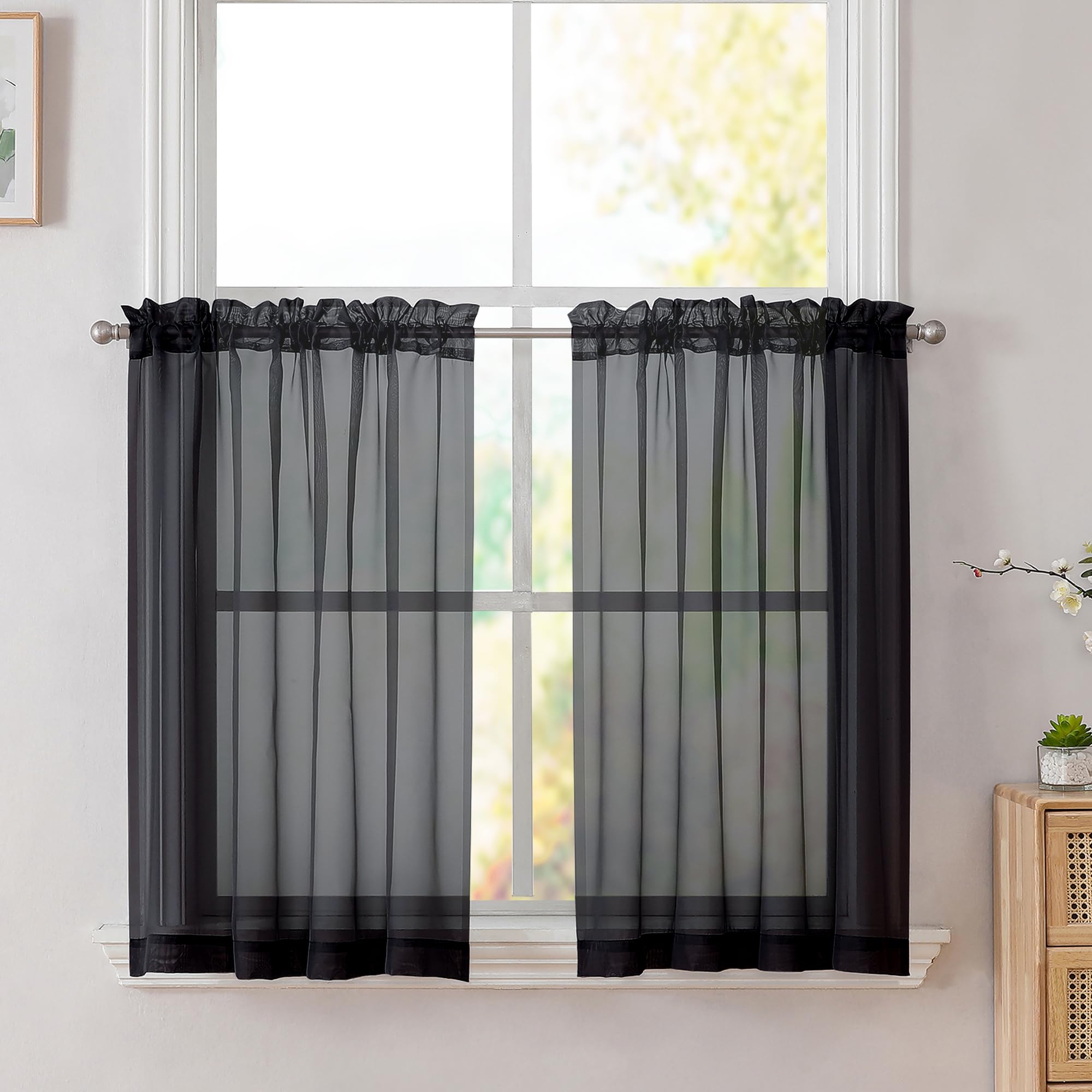 Simplebrand Black Short Sheer Cafe Tier Curtains 24 Inch Length 2 Panels