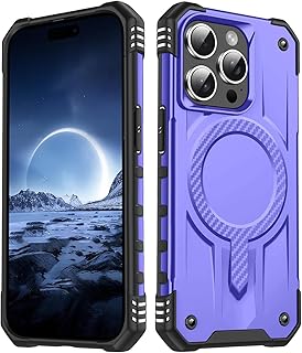 iPhone 14 Pro 用 耐衝撃 マグネット ケース ワイヤレス充電対応 強化保護カバー， 紫色