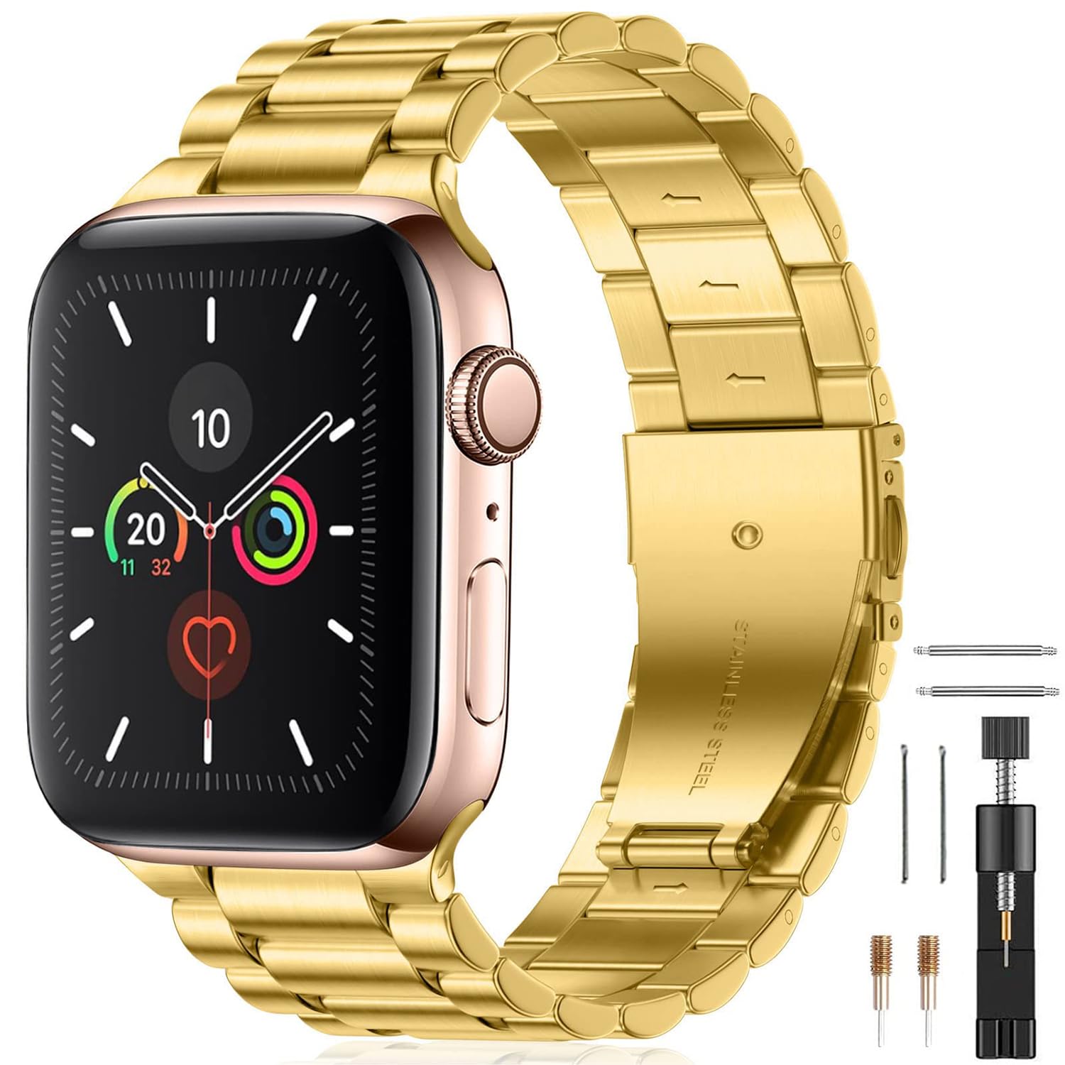 BolYel band compatible with Apple Watch 41mm 40mm 38mm, 22mm Replacement Stainless Steel Band Compatible with iWatch series SE 9 8 7 6 5 4 3 2 1 Gold…