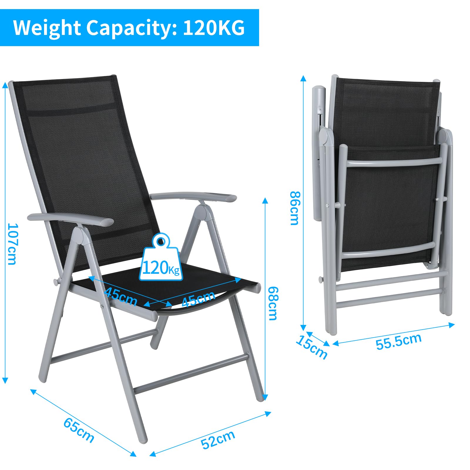 LIFERUN Gartenstuhl Hochlehner Klappbar, 2er Set, Aluminium, mit 7-Fach Verstellbar Rückenlehne, Bis 120 kg, Leicht Alu Gartenstühle Balkonstuhl Esszimmerstuhl Campingstühle fur Outdoor 2pcs
