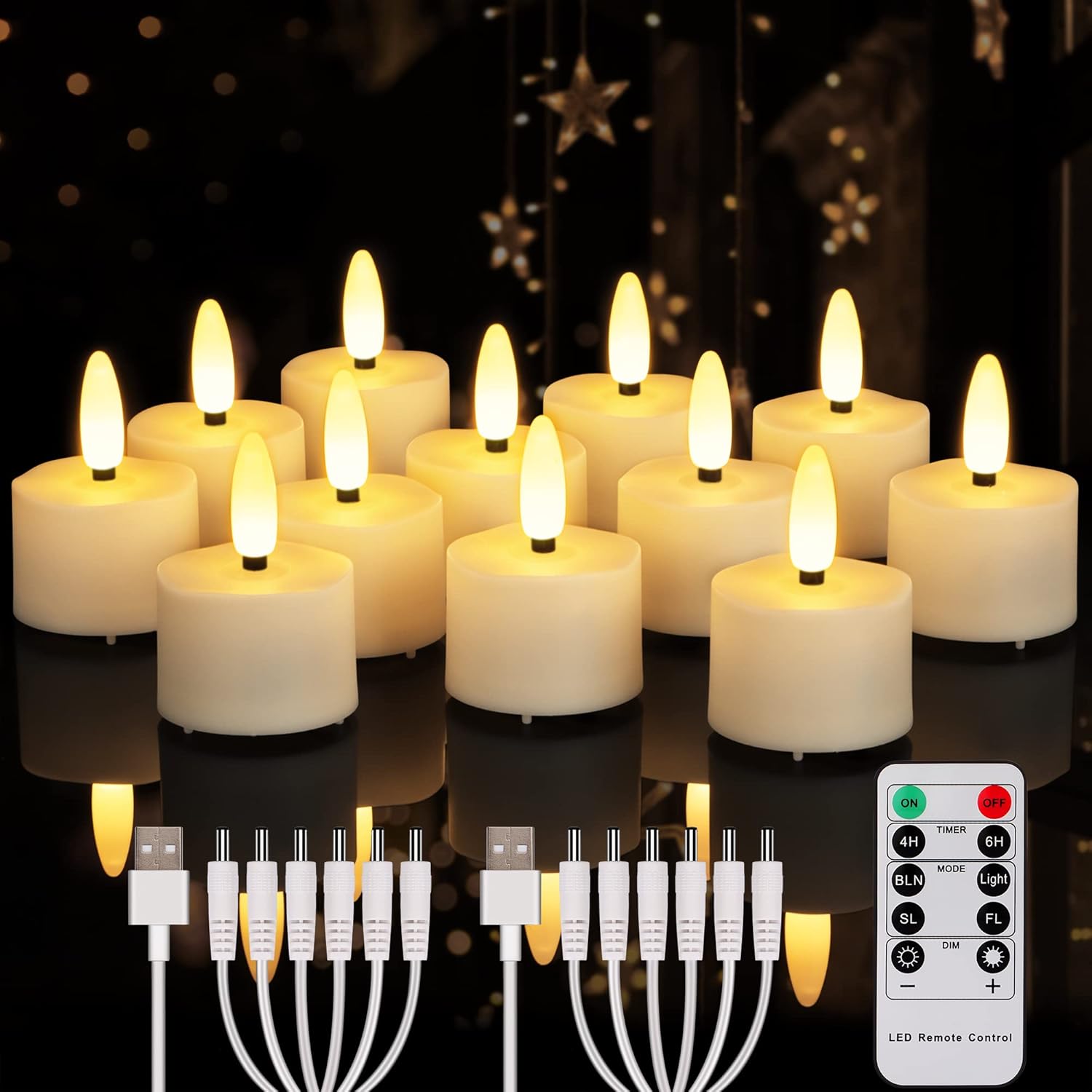 FREEPOWER Rechargeable Flameless Tea Lights Candles Flickering with Distant Timer, Black Wick Battery Function LED Tealights for Residence Decor, Get together and Vacation Ornament, 12PCS USB Rechargeable