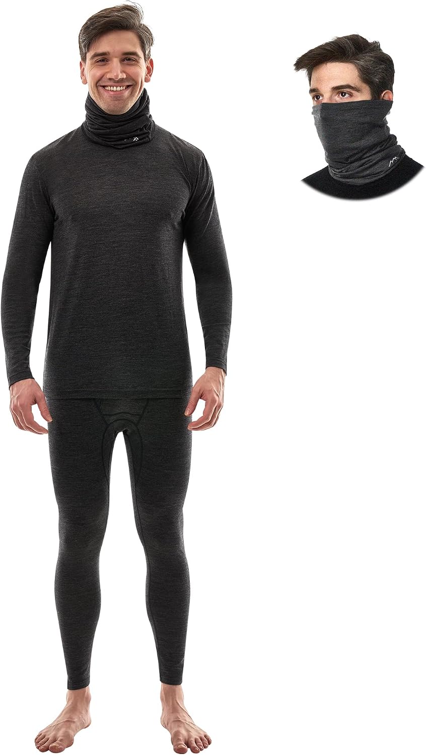 Merino.tech Merino Wool Base Layer Mens Set - Merino Wool Thermal Long Underwear Mens Top, Bottom and Neck Gaiter