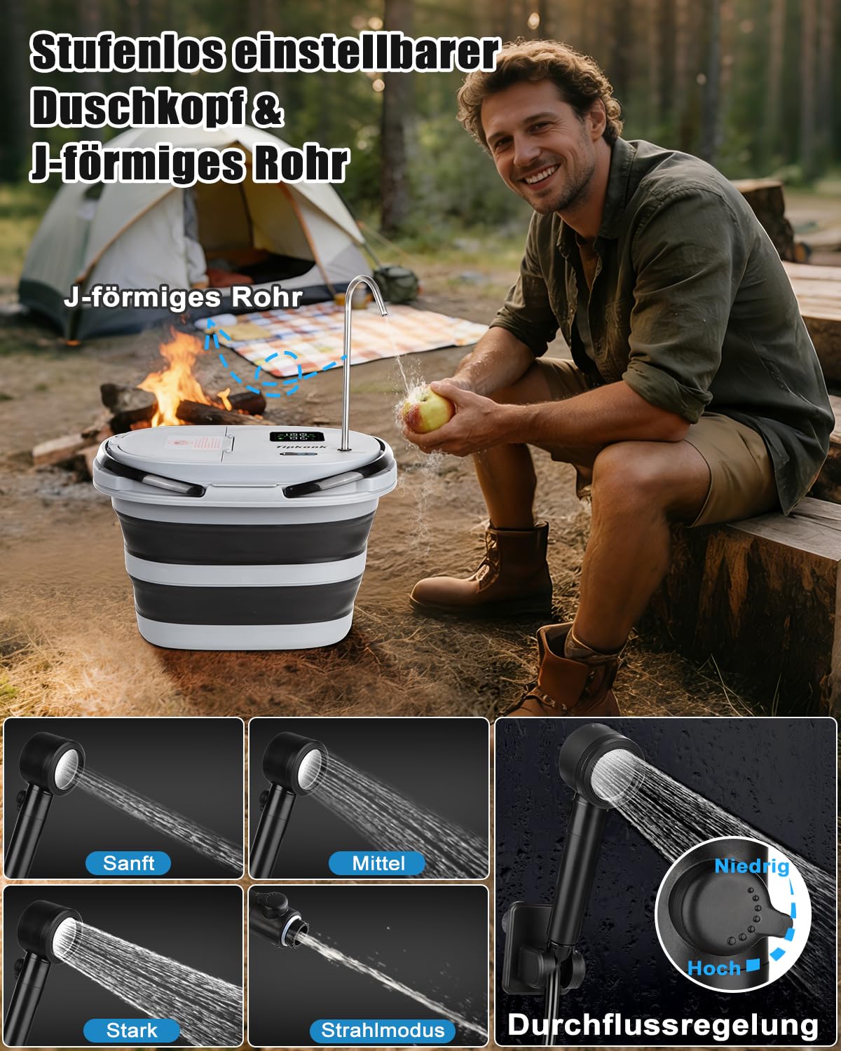 Campingdusche Tragbare 13000mAh Camping Dusche mit Pumpe 20L Klappbarer Eimer USB-Aufladung