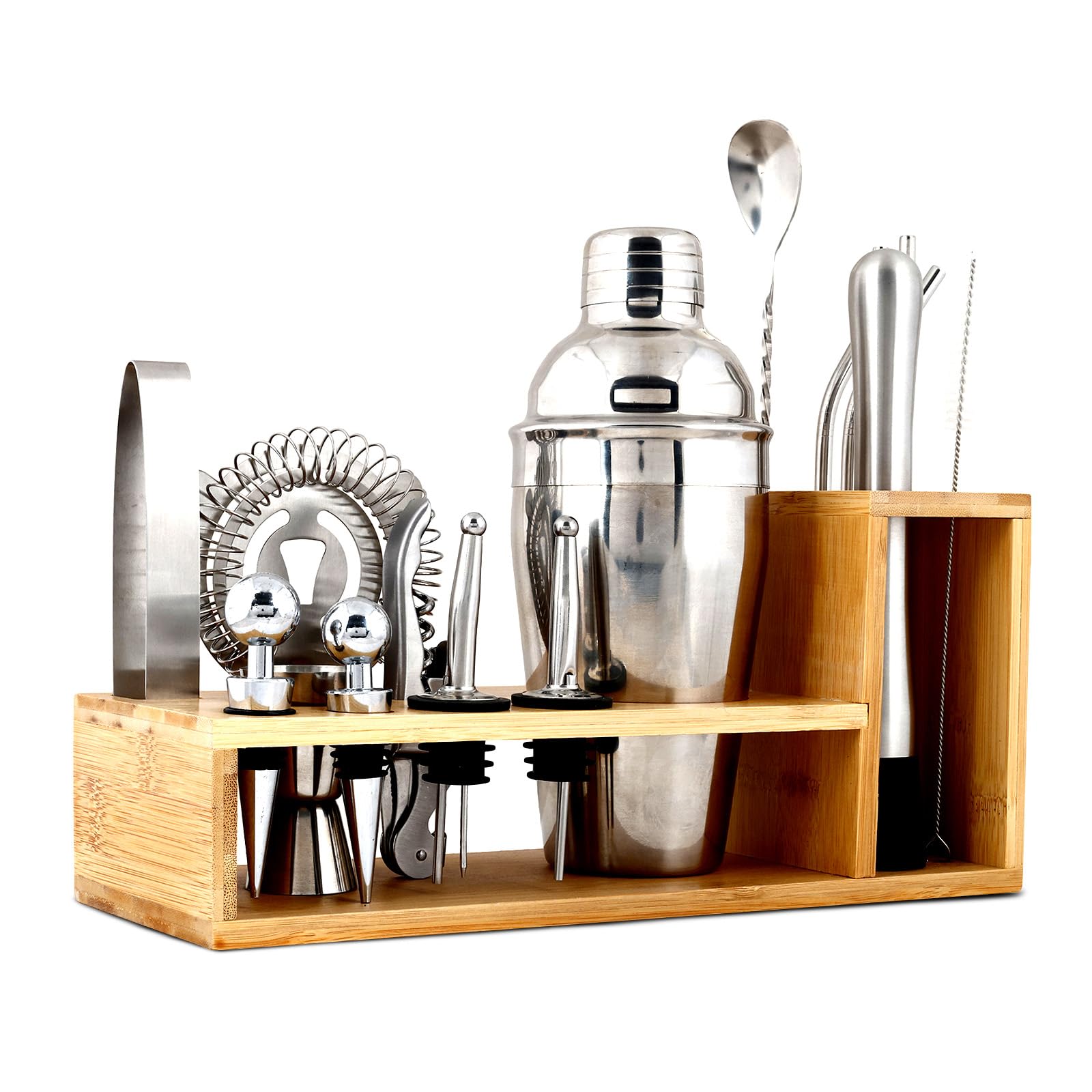 HOME ARCHIVE Bartender Kit Cocktail Shaker Set | Stainless Steel Bar Set with Bamboo Stand Bar Tools Cocktail Kit for Kitchen Drink Mixing Home Bar Party Gift Bartending Kit (21 Piece)