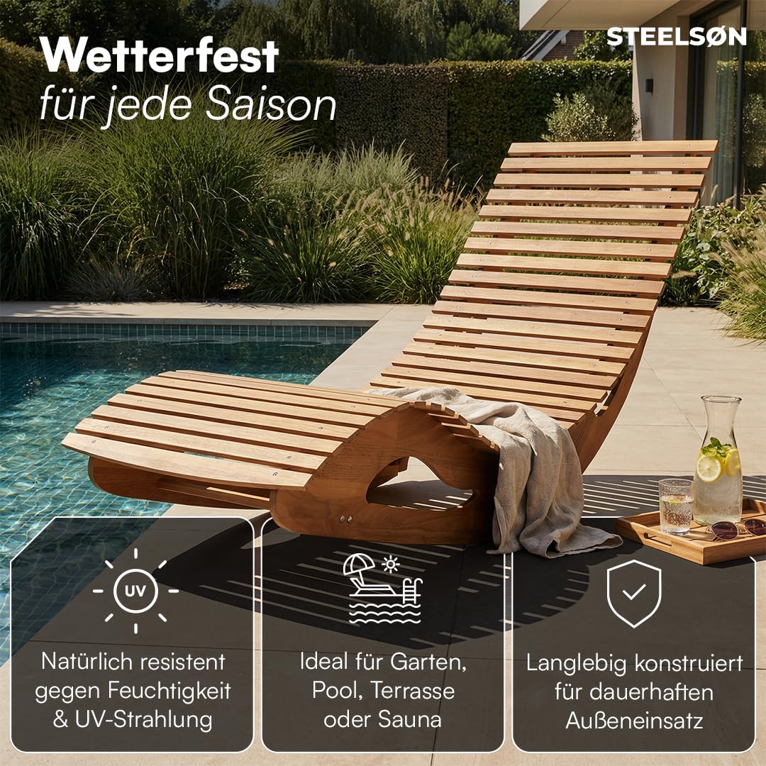 STEELSØN Solaria Gartenliege, Akazienholz geölt, klappbar, 150kg, Outdoor | Holzliege klappbar, Liegestuhl Akazienholz geölt, Sonnenliege, ergonomische Saunaliege wetterfest, Schaukelliege, Relaxliege