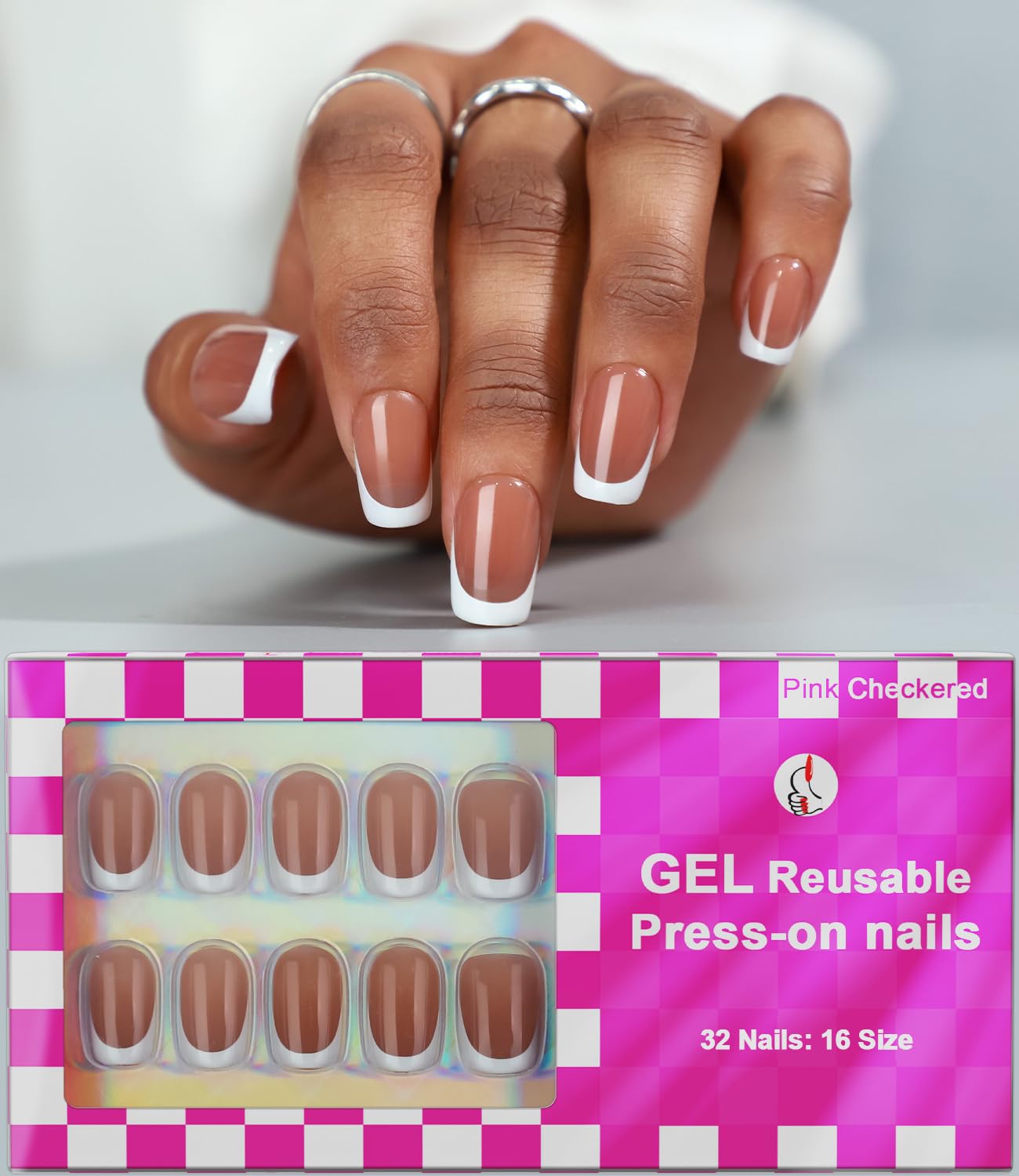 Anyos 16 Sizes French Tip Short Square Press on Nails,Soft Gel Fake Nails Glossy 32pcs with Nail Glue (Mocha French)
