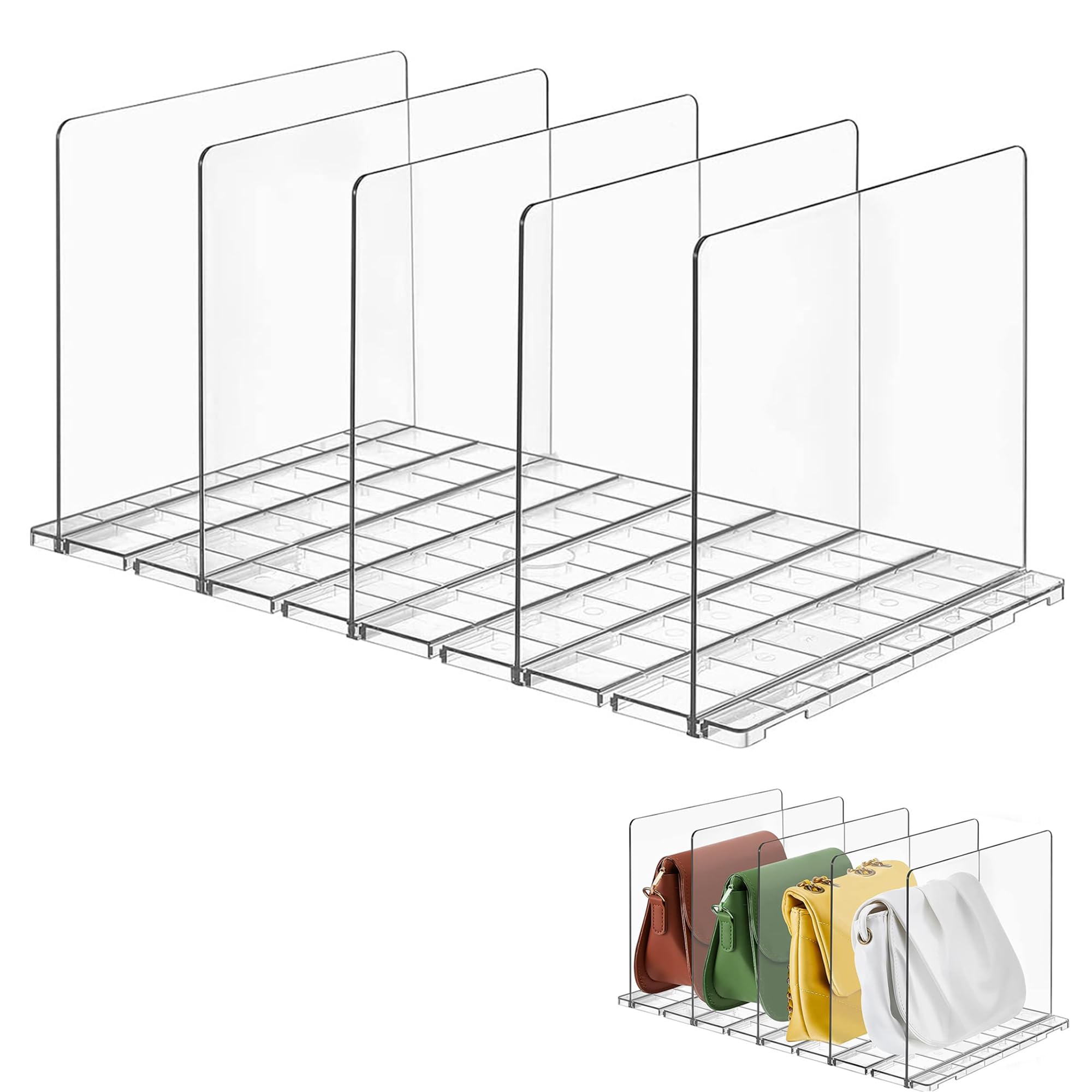 aleawol 5pcs Handbag Storage Dividers Adjustable, Handbag Separator Acrylic Handbag Closet Shelf Dividers Space Saving for Wardrobe Purse Holder Bookshelf for Bedroom Kitchen Cabinets