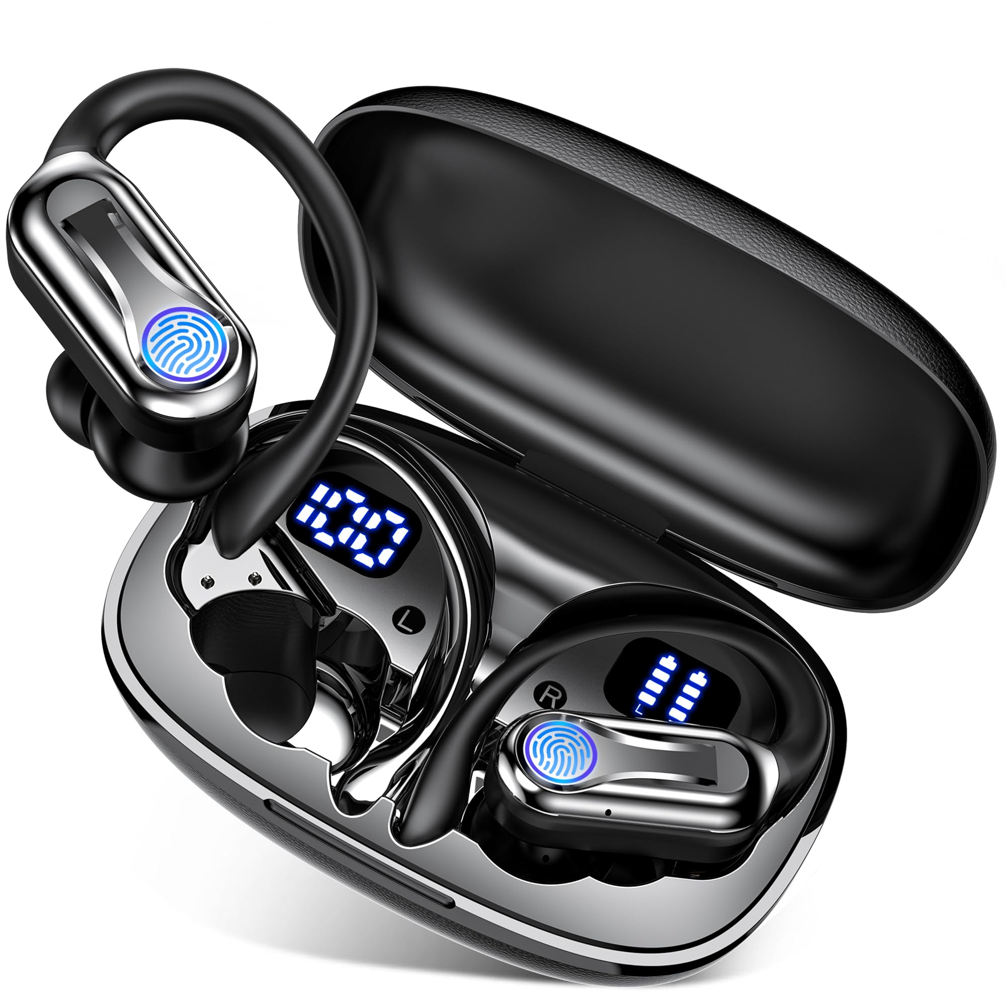 Wireless Earbuds, Sports Bluetooth Headphones 6.1, 90H Playtime Ear Buds with Hooks, Noise Canceling, LED Power Display, IPX7 Waterproof Earphones for Workout Running(Black)