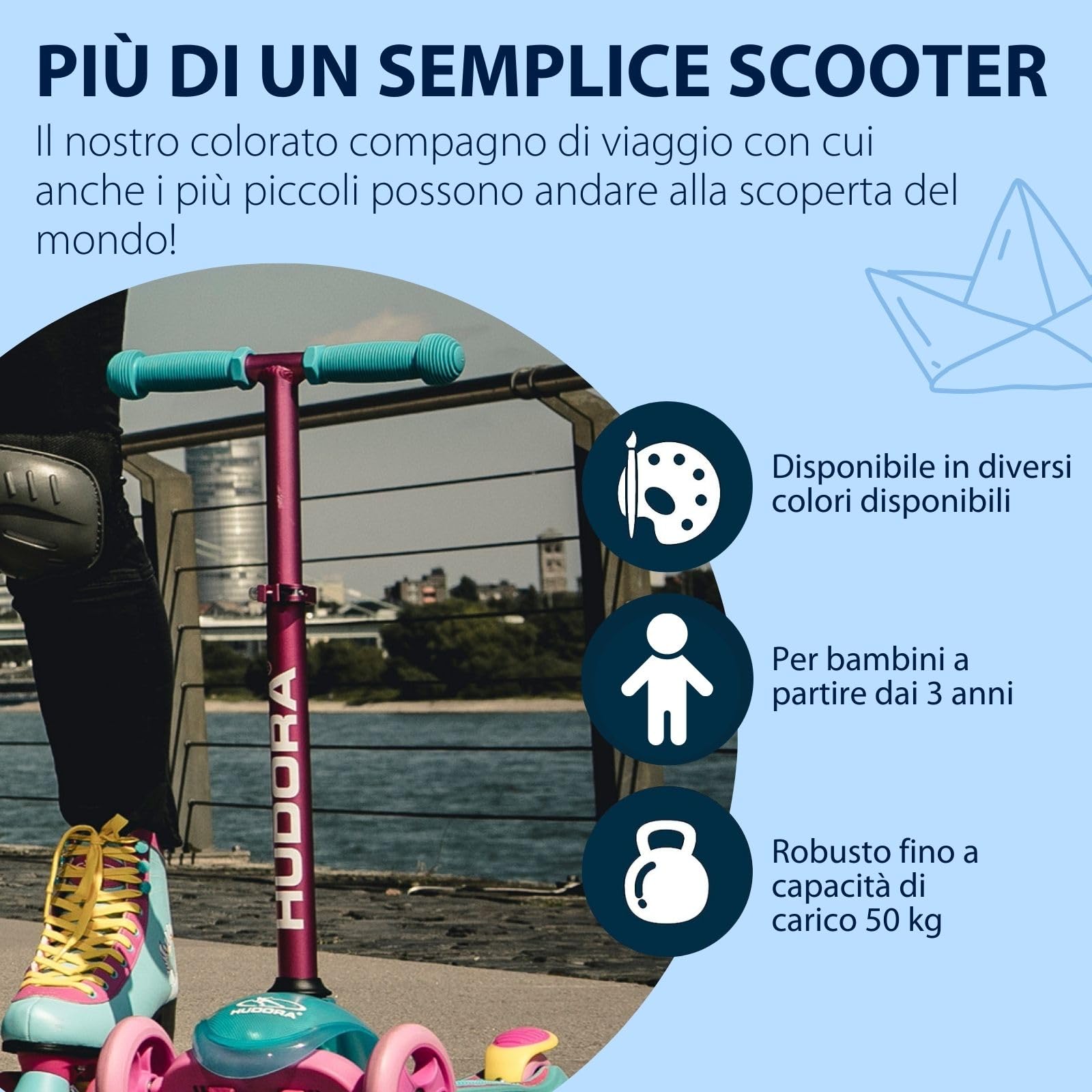 HUDORA Monopattino Flitzkids 2.0 I Monopattino per bambini stabile con pedana grande I Monopattino mini a tre ruote regolabile e trasportabile, peso fino a 50kg I In alluminio per bambini