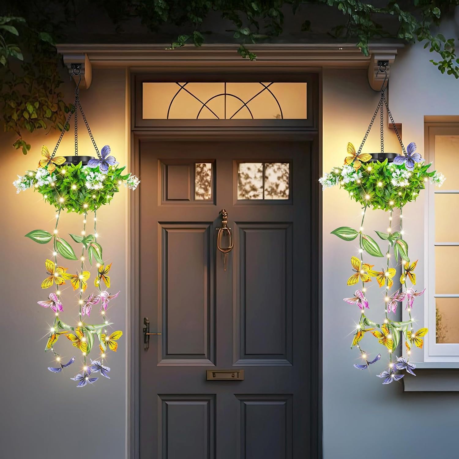 Solarlampen für Außen Hängend Bunt, 2 Stück Hängepflanze Künstlich mit LED Wasserfest Solarleuchten Schmetterling Windspiel Künstliche Pflanzen Wie Echt für Garten Baum Terrasse Deck Hinterhöfe