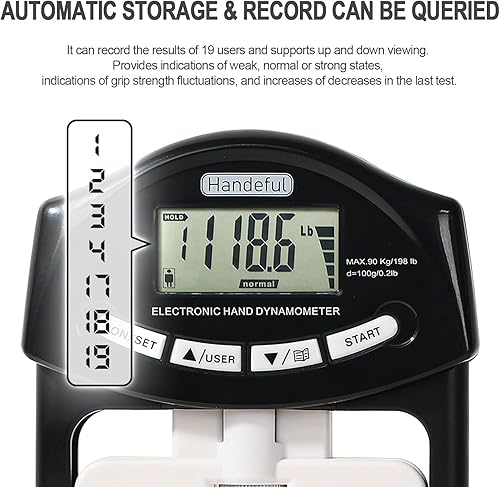 Miniatura 3 de Handeful Probador de fuerza de agarre, dinamómetro digital para medición manual, captura automática de antebrazo, potencia de dedo electrónica, 198