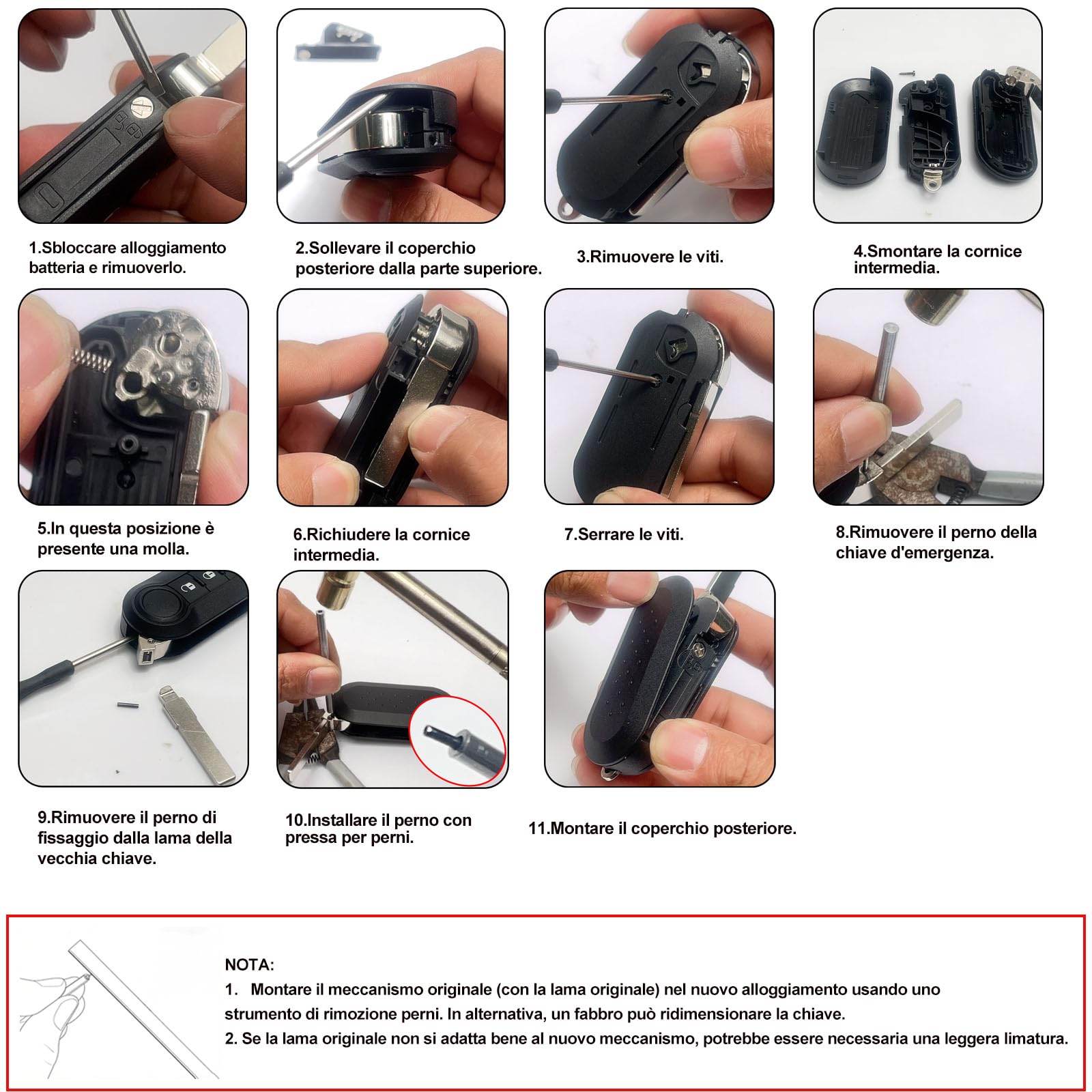 SUPALAND Guscio Chiave Di Ricambio a 3 Tasti Per Telecomando Auto Con Lama Compatibile Con Fiat 500L 500 Punto Evo Grande Bravo Panda Ducato Lancia Con 1 Cacciavite, 1 Catena Portachiavi