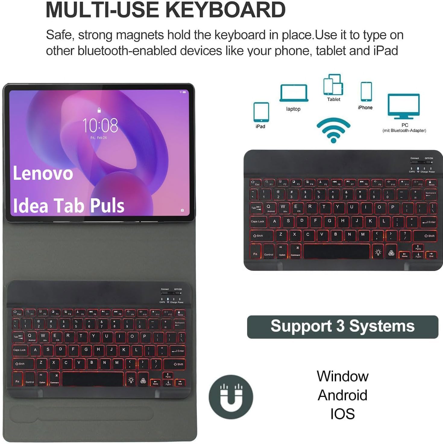 Keyboard Case for Lenovo Idea Tab Plus 12.1-inch/Tab K12 2025 Model (TB361ZU/TB361FU), 7-Color Backlit Magnetic Detachable Bluetooth Keyboard, Ultra-Thin Protective Cover and Mouse,Black