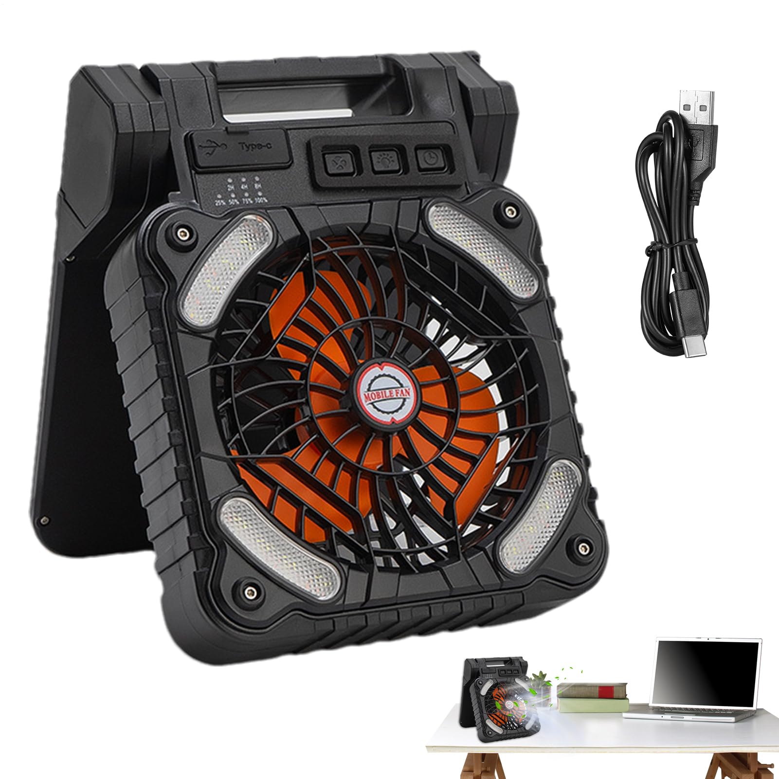 Genérico Ventilador solar portátil,Ventilador solar para acampar,Ventiladores para tiendas de campaña con luces - LED con 4 velocidades de viento y 3 niveles de brillo, con batería de 100