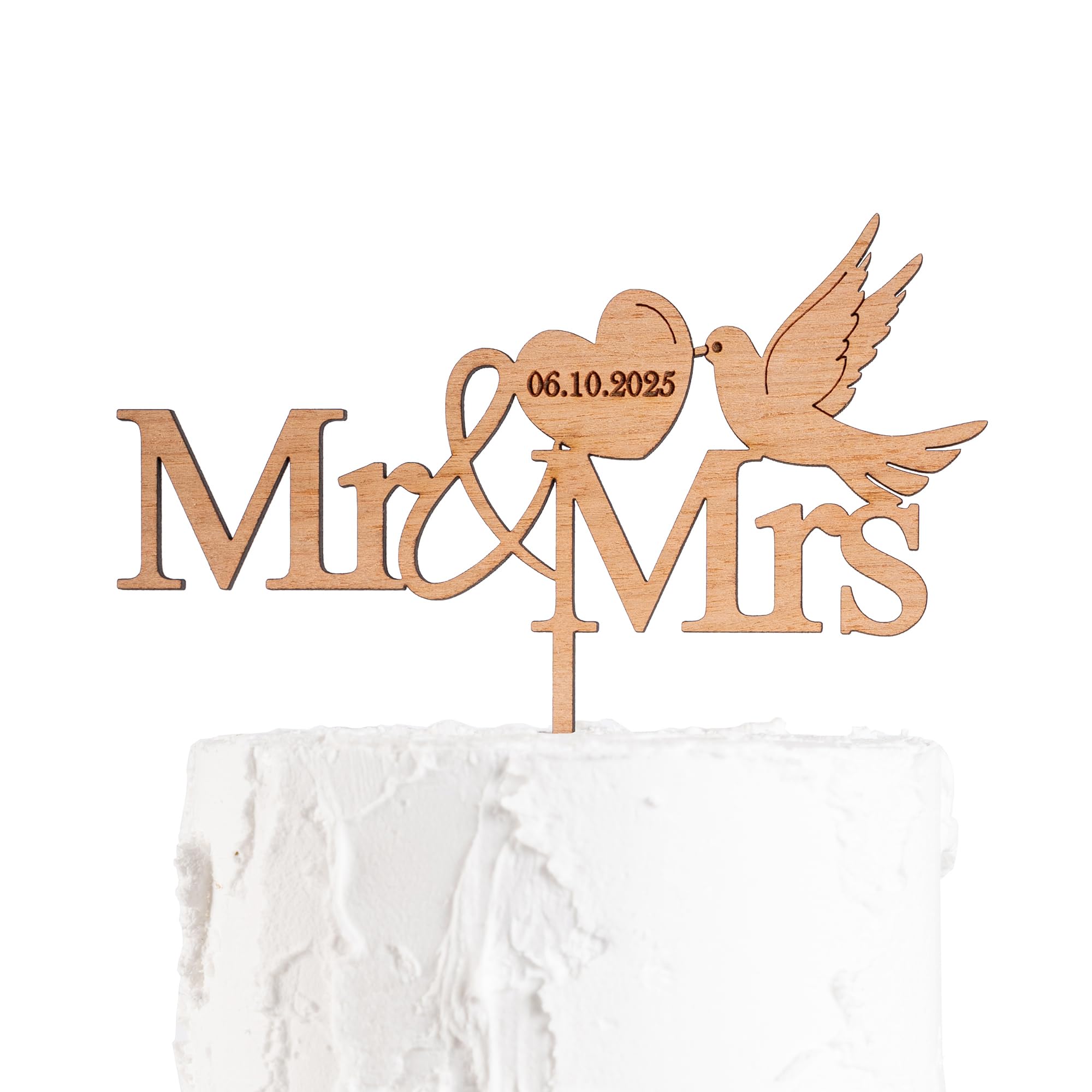 Wooden Wedding Cake Topper, Mr & Mrs Design, 4mm Thick, Rustic Style, Personalisable with Date (Cherry)