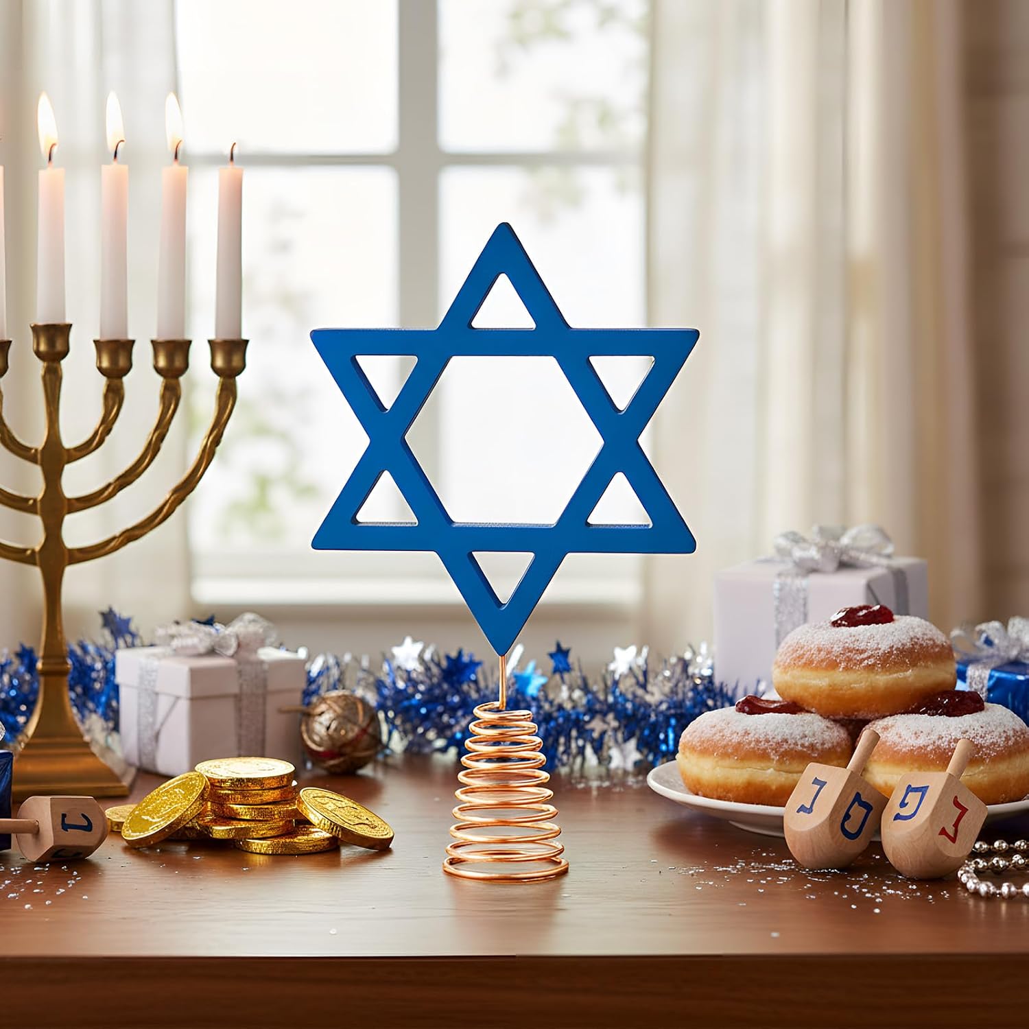 Soulchen 10 Inch Wooden Hanukkah Tree Topper Blue Christmas Treetop Decoration Star of David Tree Topper Hanukkah Ornament for Chanukah Diwali Birthday Wedding Home Decor