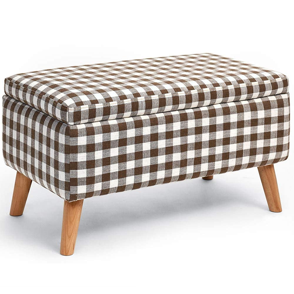 Tabouret ottoman de rangement pliable en faux lin avec pieds bois beige