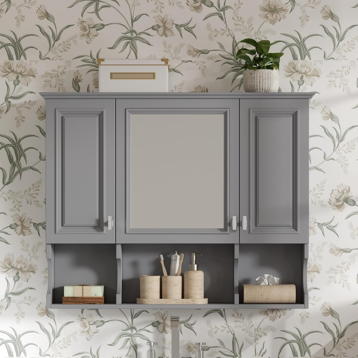 35'' x 28'' Wall Mounted Bathroom Storage Cabinet with Mirror Modern Medicine Cabinet with Hidden & Open Shelves Space-Saving Bathroom Organizer (Gray)