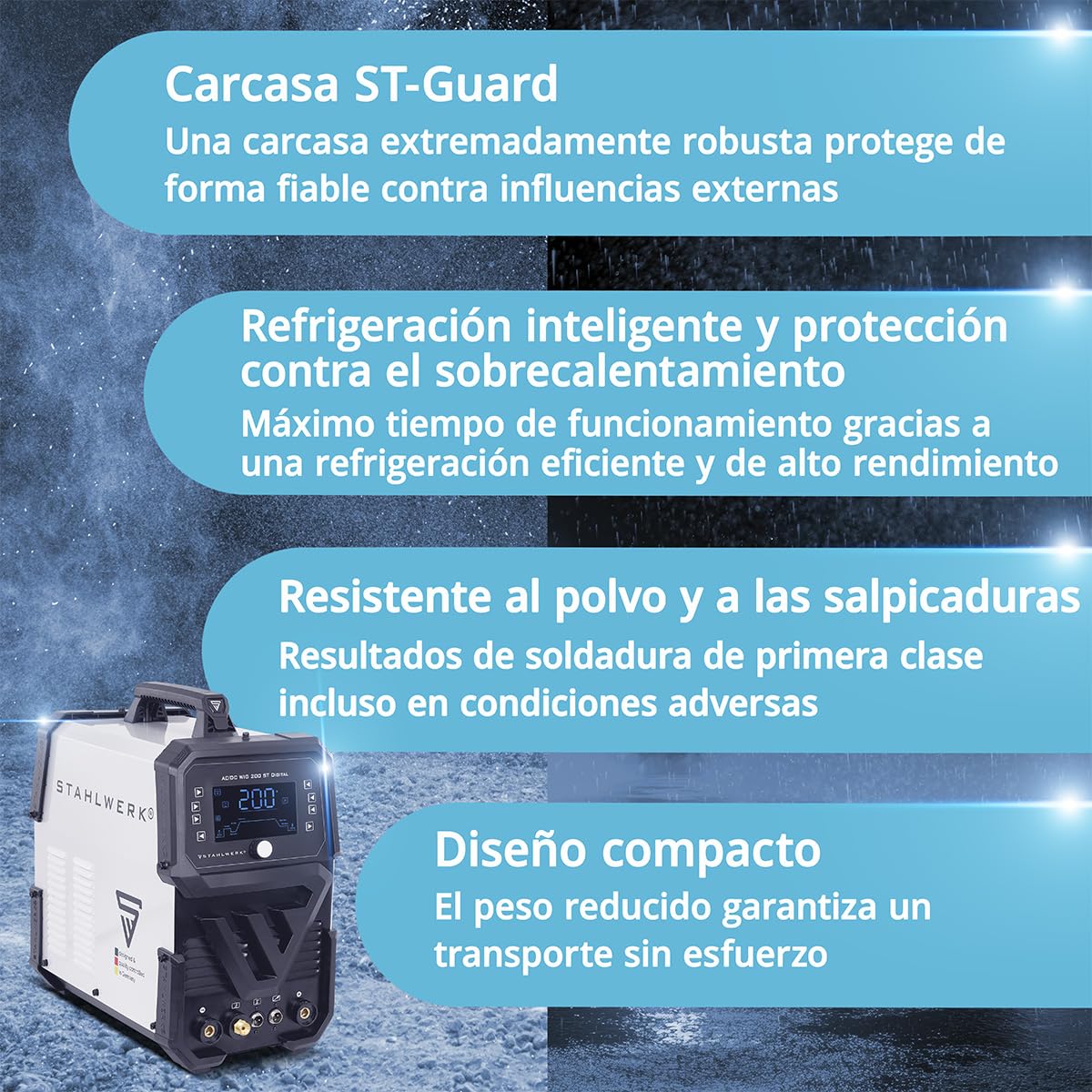 STAHLWERK Soldador combinado 3 en 1 AC/DC TIG 200 ST Digital – Equipo completo – Máquina de soldar TIG & MMA (Electrodo), modo Clean para limpieza electroquímica de soldaduras de acero inoxidable