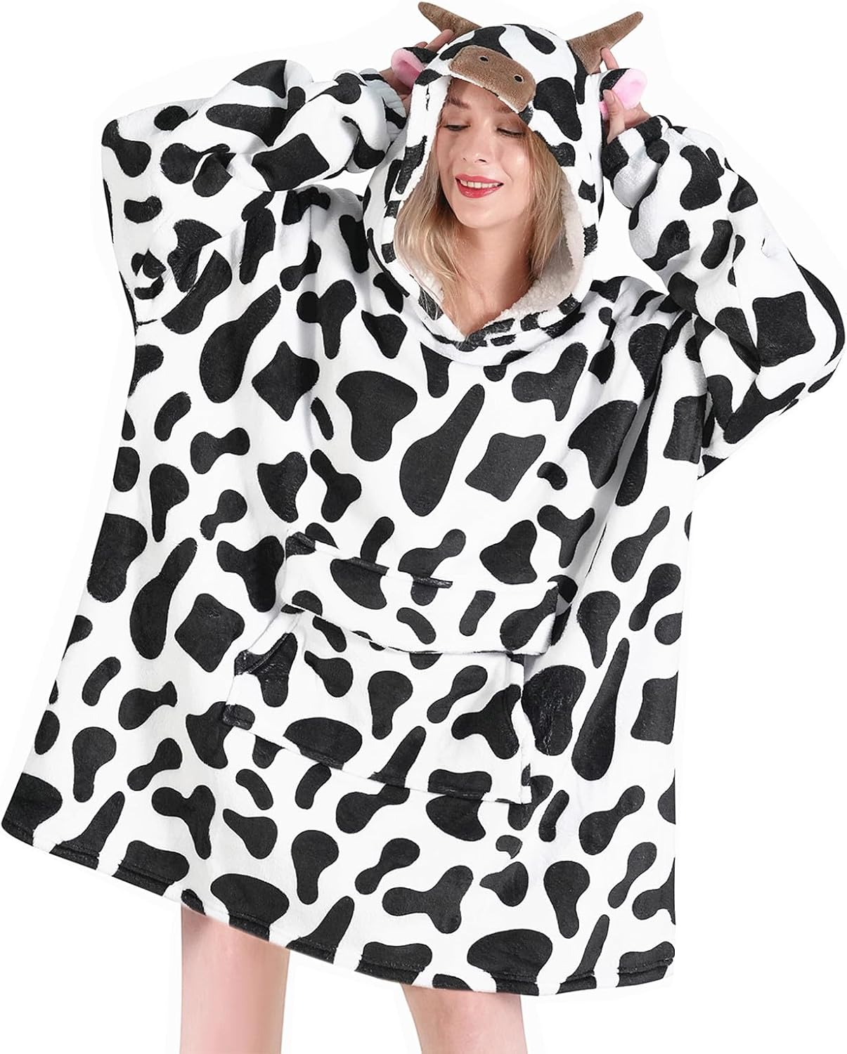 Wearable Blanket Hoodie for Adult,Oversized Sherpa Fleece Blanket Hoodie for Women Men,Cow Print