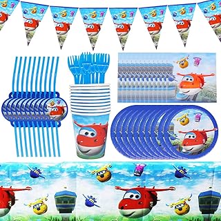 Zastawa stołowa na urodziny dla dzieci, Hilloly 62 sztuki zastawa stołowa, zastawa stołowa na imprezę Super Latający człowiek, zastawa stołowa wielokrotnego użytku, talerze, kubki, serwetki, obrus, widelce i proporczyk