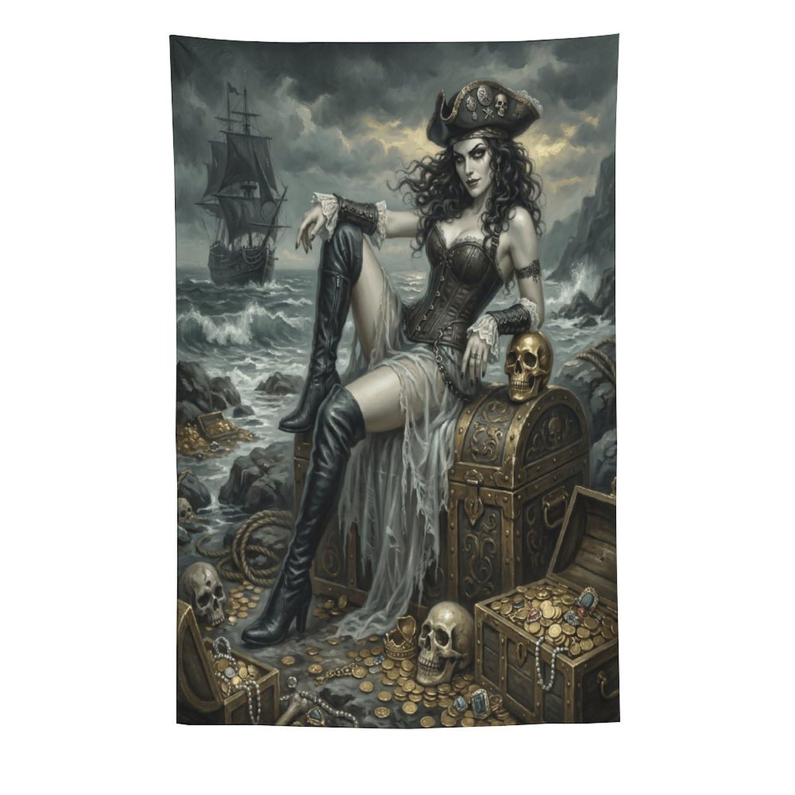 W7C8U2X3 Pirate Queen Skull Treasure Wall Tapestry, Gothic Oil Style