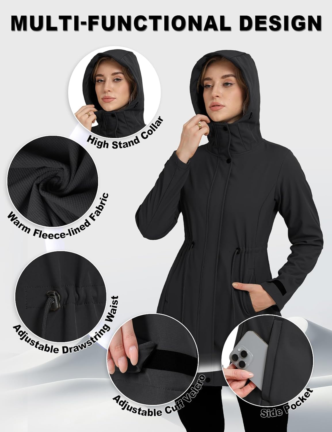 GEMYSE Women's Waterproof Softshell Long Jacket with Hood Windproof Rain Coat Lightweight Windbreaker - Image 5