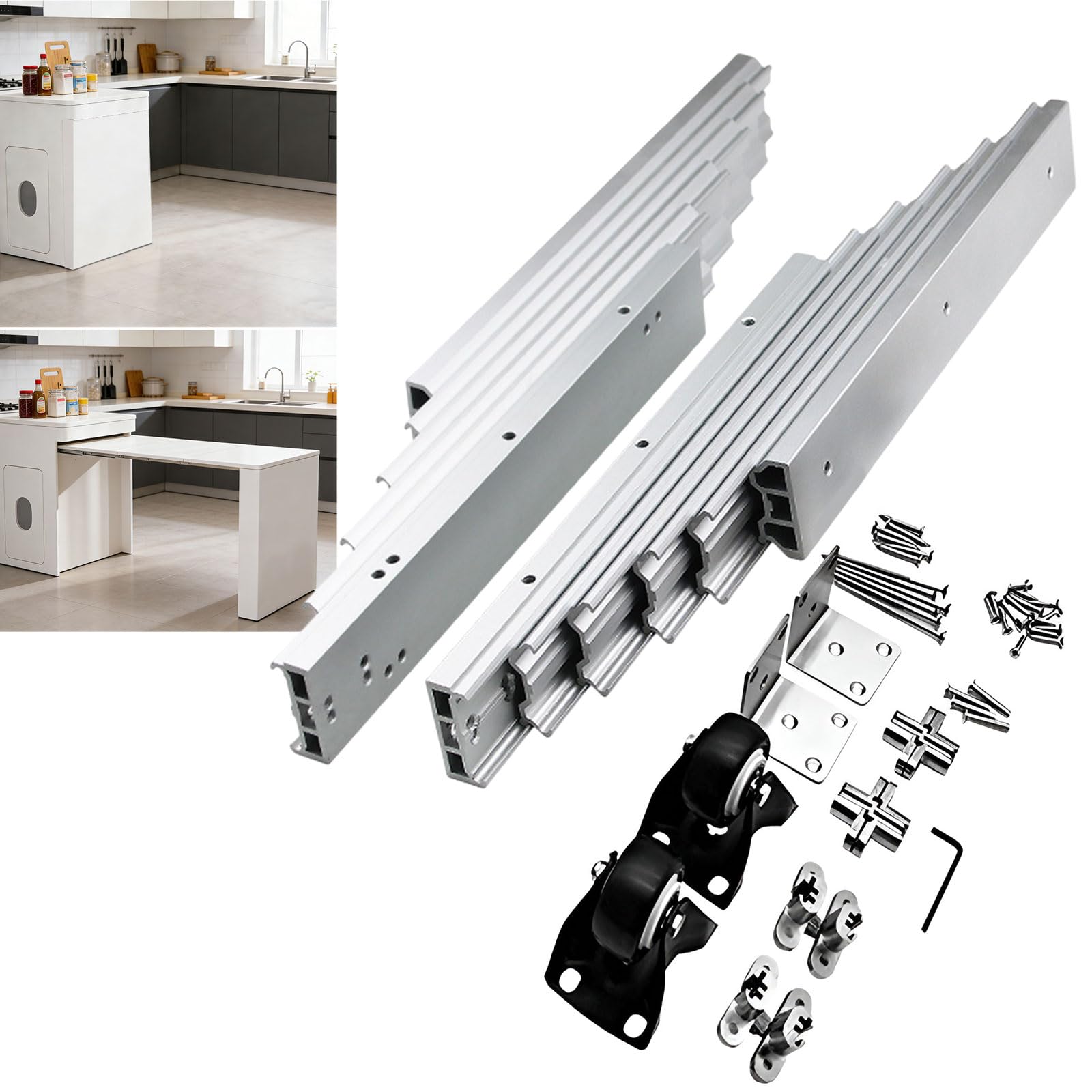 Guía Telescópica De Aluminio para Mesas De Armario, Riel Extensible Riel Telescópico Oculto De Varias Secciones para Mesas, para Dormitorios, Despachos Y Encimeras De Cocina,1450mm