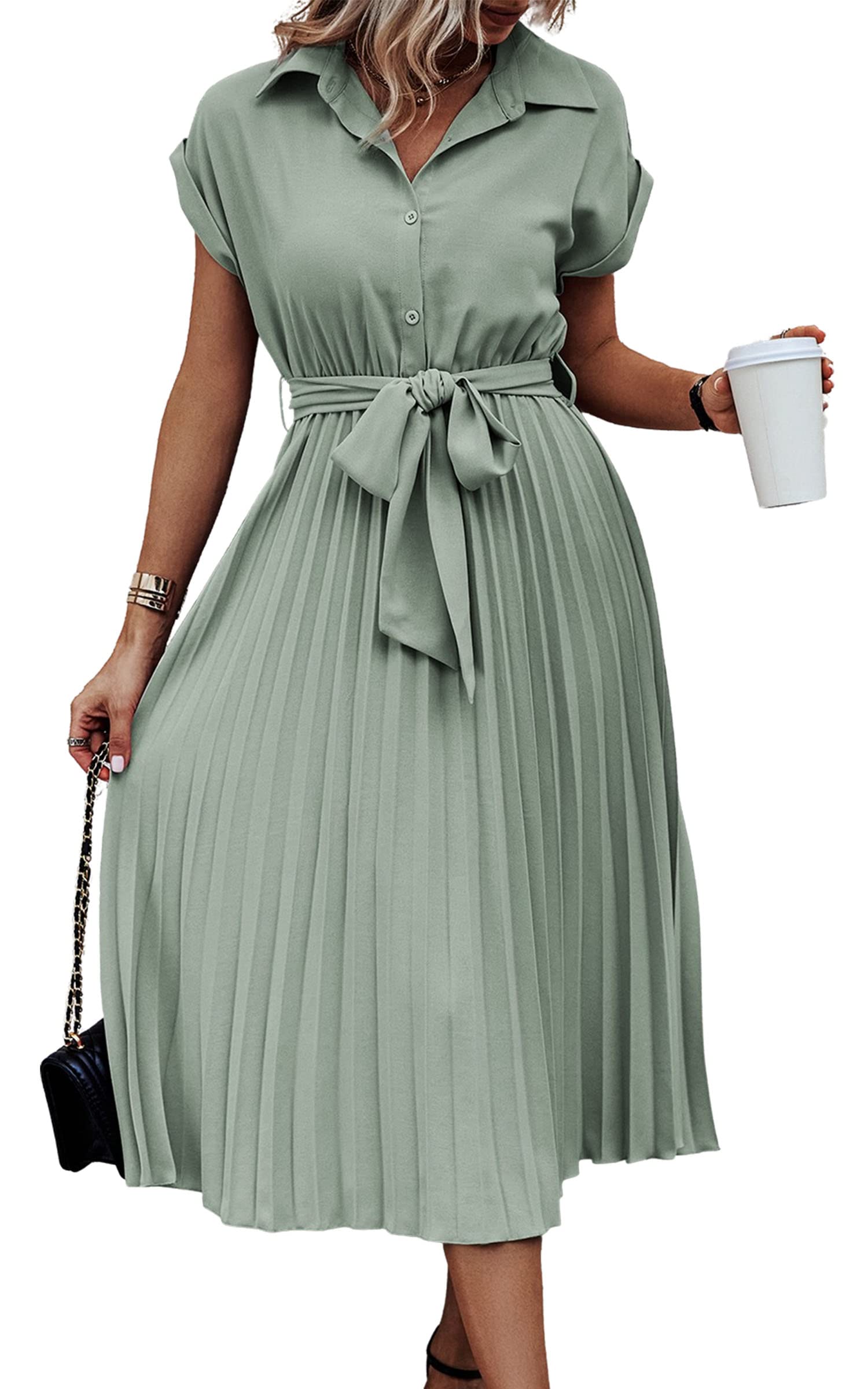 ECOWISH Womens Casual Midi Dresses Solid V Neck Short Sleeve Button Shirt Belted Dress with Pockets for Spring Summer 2026