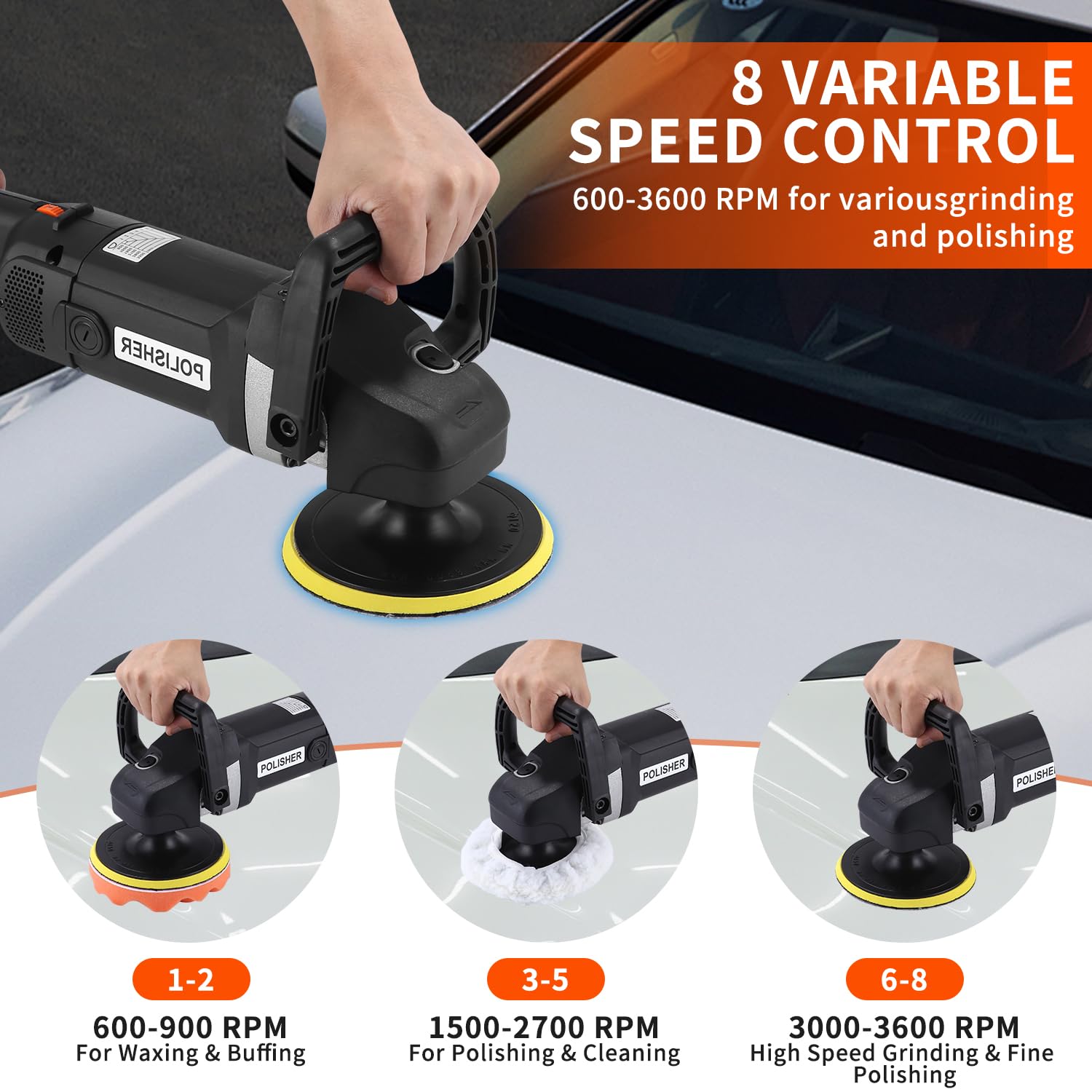 Pulidora profesional de 1600 W, 8 velocidades variables, juego de 24 unidades con plato de pulido de 180 mm, mango D extraíble y mango lateral, para encerar y pulir coches