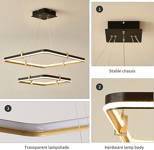 Miniatura 8 de Siittoo Lámpara de Araña Negra Moderna Luminaria para Comedor, Lámpara Colgante LED Regulable Moderna de 96W, Lámpara de Araña Rectangular de 2