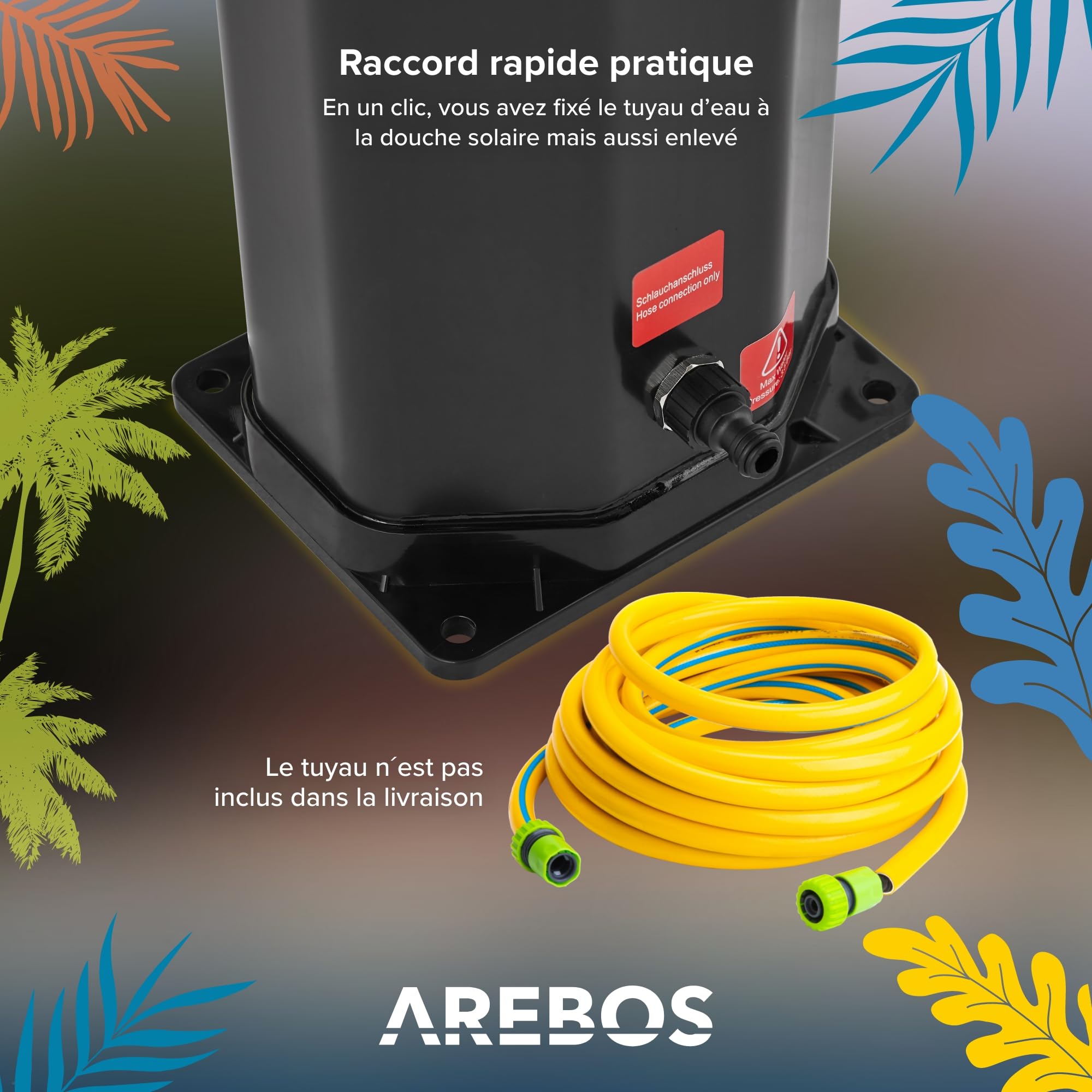 AREBOS Douche Solaire 60 L | avec douchette & thermomètre | température de l'eau jusqu'à 60°C Douche de Piscine Camping | pommeau de Douche Rond | Housse de Protection Incluse | Noir