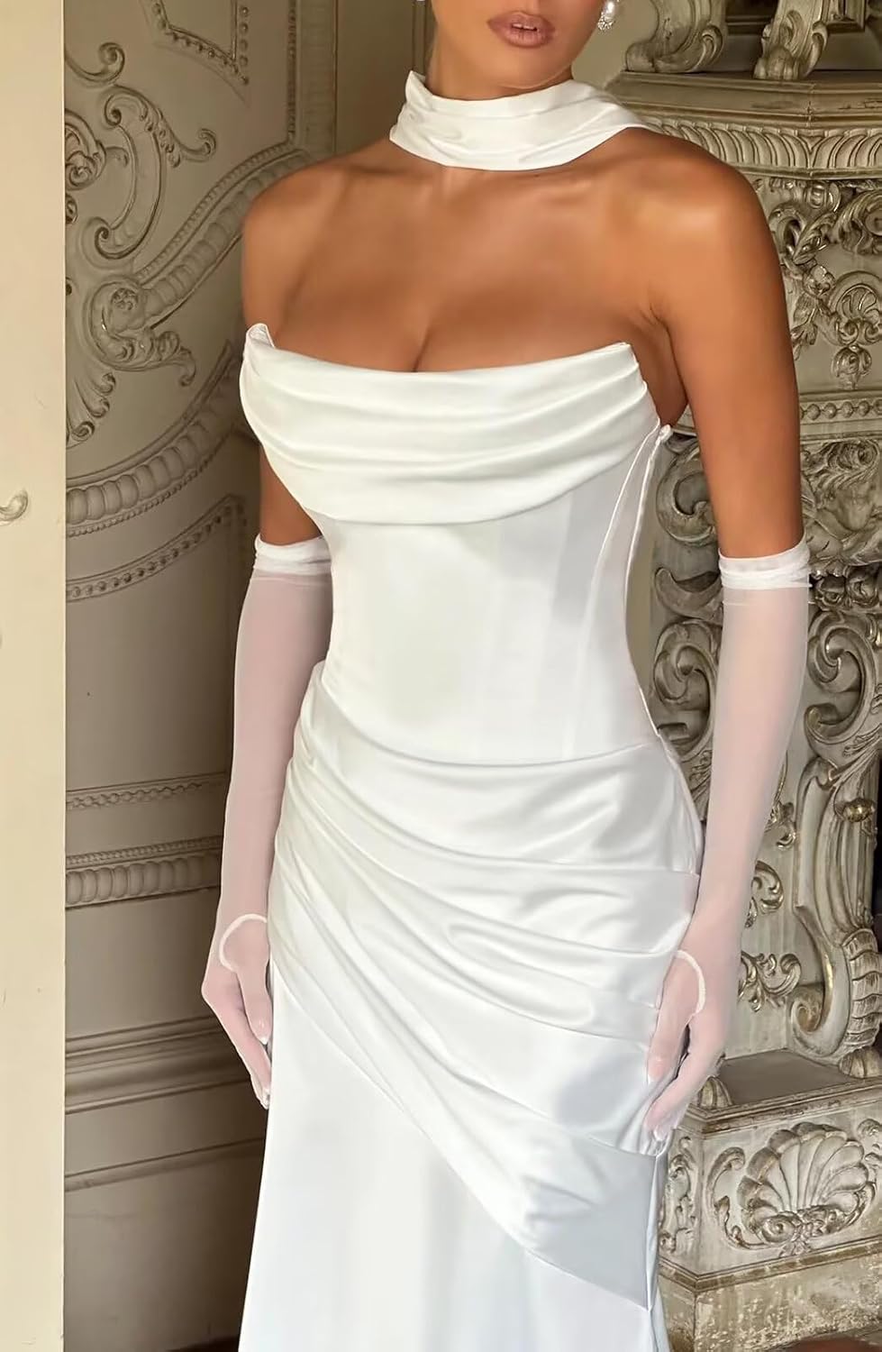 Satin Mermaid Wedding Dresses with Scarf for Bride Strapless Floor Length Corset Bridal Party Dress for Women